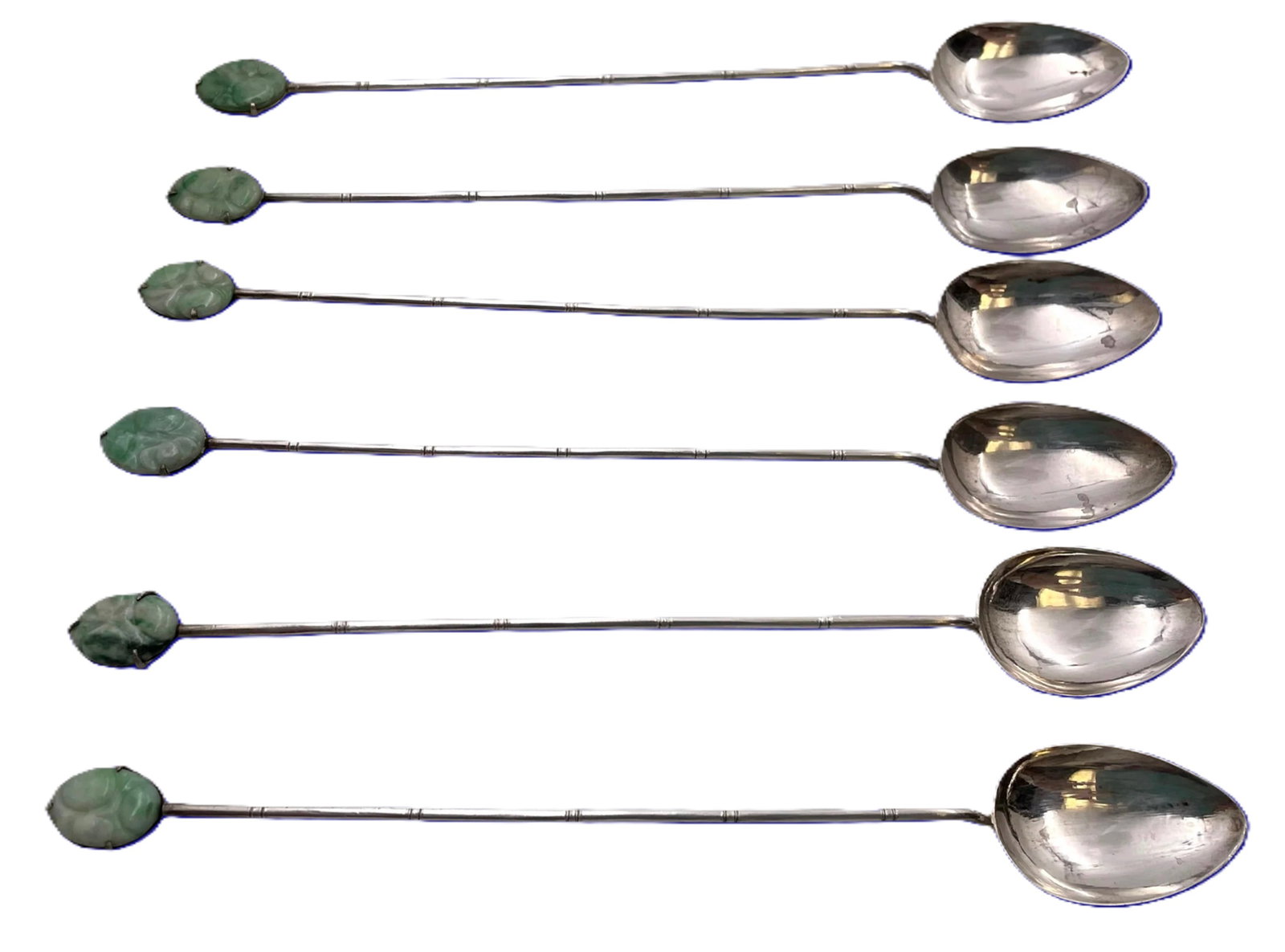 Set of 6 Asian Silver and Jade Dessert Spoons (1 of 6)