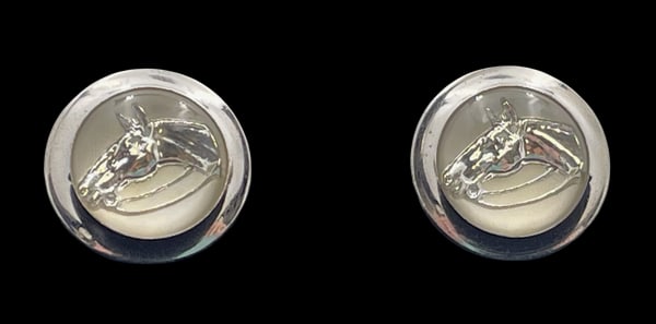 Pair of Sterling Silver Cufflinks with Horses: Pair of sterling silver cufflinks depicting the heads of horses. They measure 1/2'' in diameter and bear hallmarks as shown.