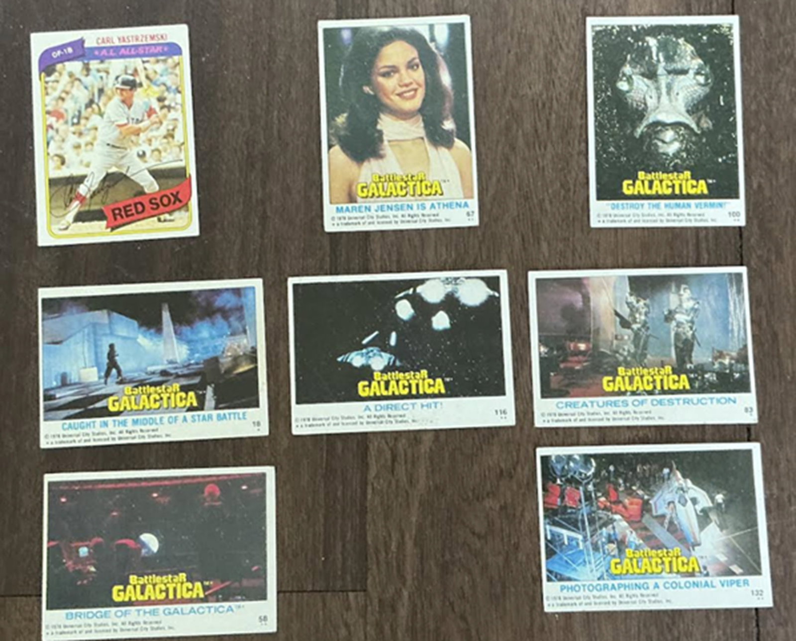1978 Topps Battlestar Galactica trading cards alongside a 1978 Topps baseball card featuring Carl (1 of 5)