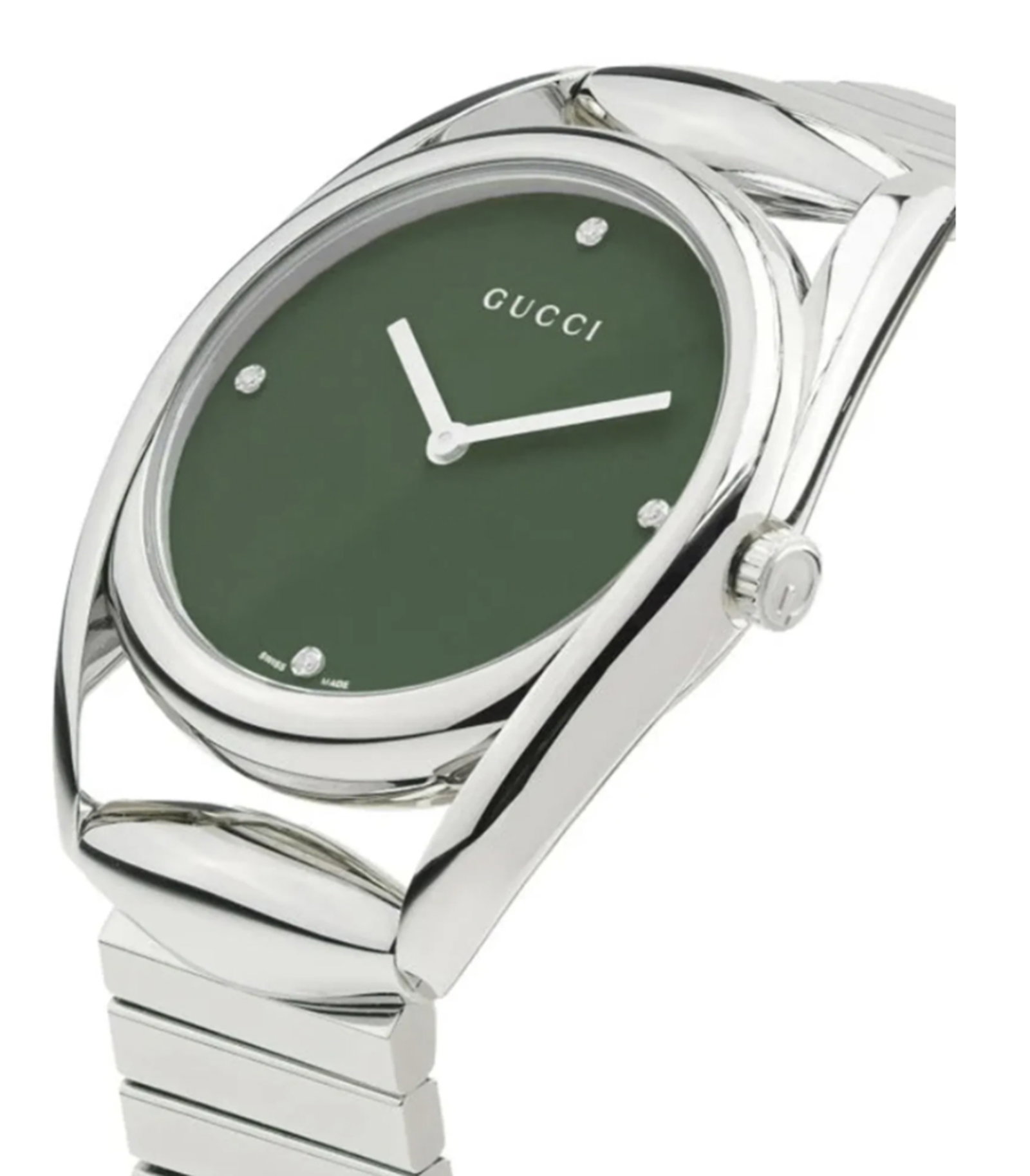 Gucci Horsebit Stainless Steel Watch With Diamonds on Dial and Orig box: GUCCI Horsebit Collection. This Gucci 34mm stainless steel bracelet watch is accented with 0.023 TCW diamonds for subtle sparkle. It combines elegant craftsmanship with signature horsebit detailing fo