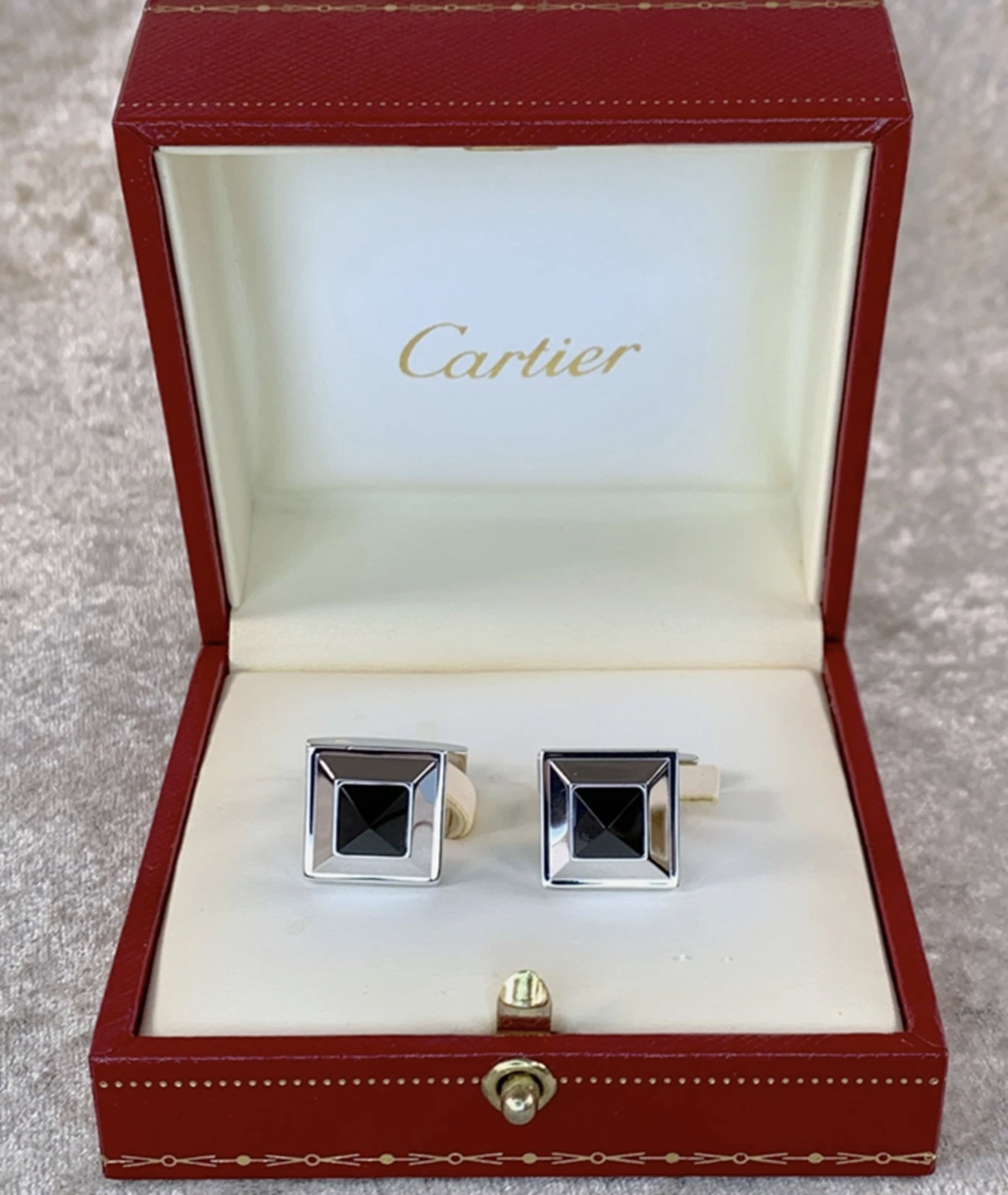 Cartier Sterling Silver and Onyx Pyramid Cufflinks with Box (1 of 7)