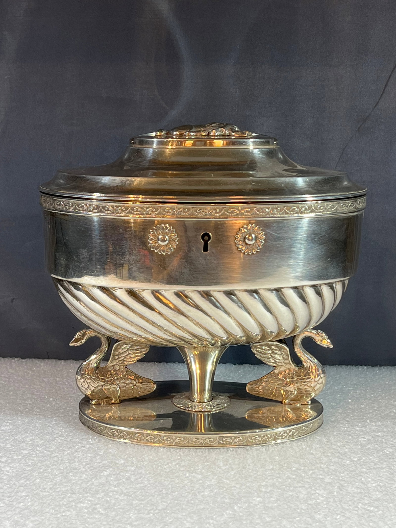 STERLING SILVER TEA CADDY SWEDISH 19 th Century: STERLING SILVER TEA CADDY SWEDISH 19 th Century. Weighs approx. 600 Grams and Measures approx. 16 Cm High – 18 Cm Wide