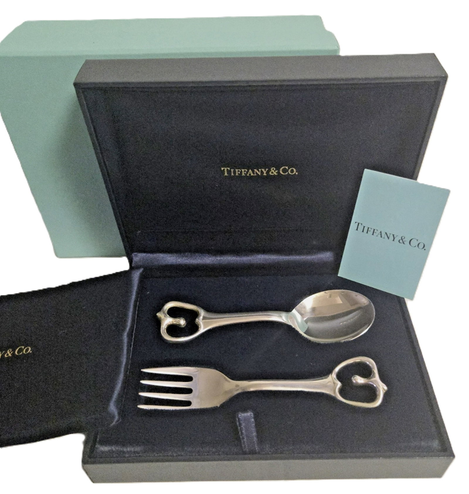 TIFFANY & CO. Sterling Silver Apple Elsa Peretti Baby Spoon and Fork Set With Box: TIFFANY & CO. Sterling Silver Apple Elsa Peretti Baby Spoon and Fork Set With Box