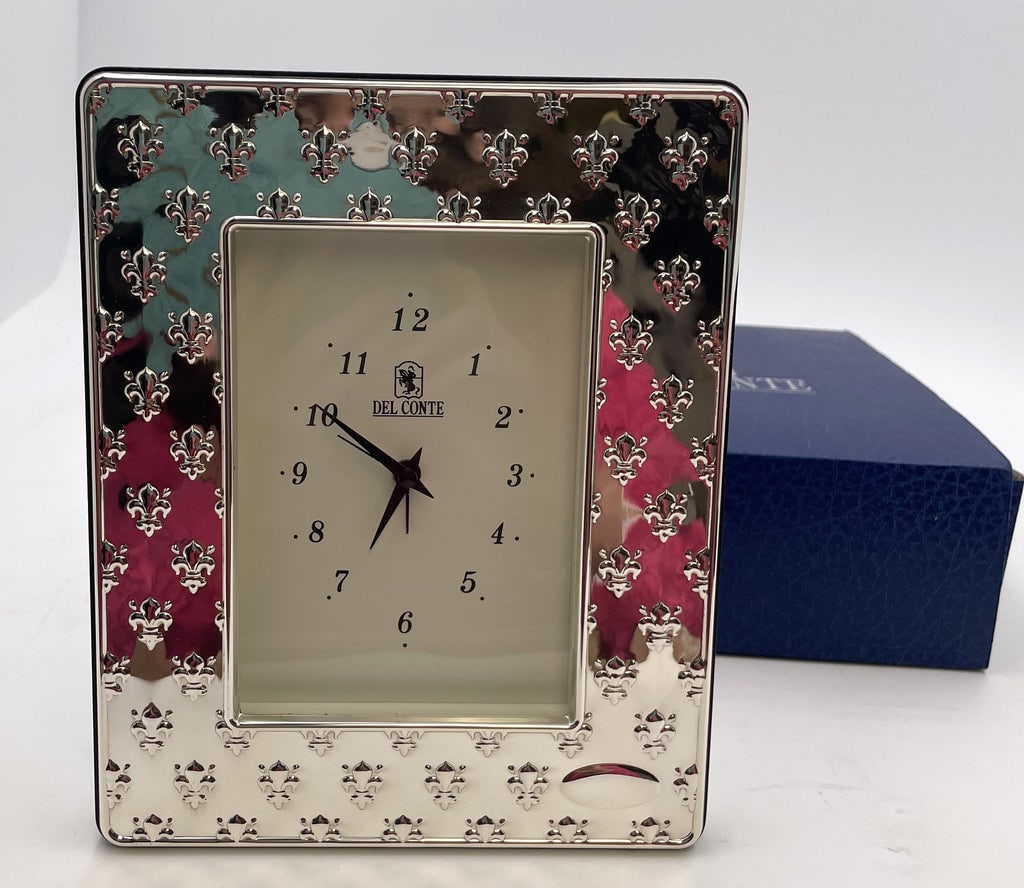 Del Conte Sterling Silver Desk Clock with Fleur de Lys Pattern (1 of 6)