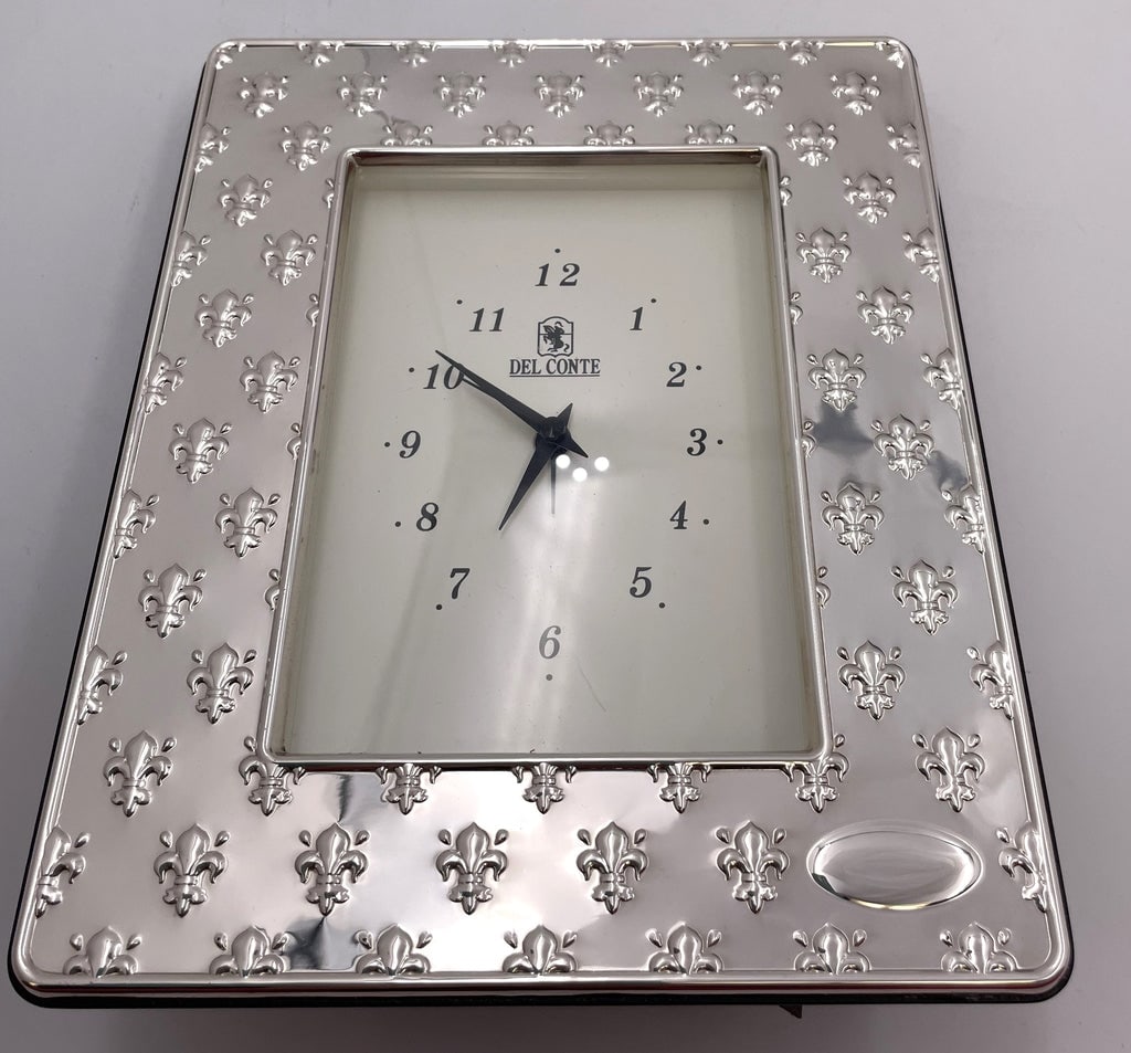 Del Conte Sterling Silver Desk Clock with Fleur de Lys Pattern - 2