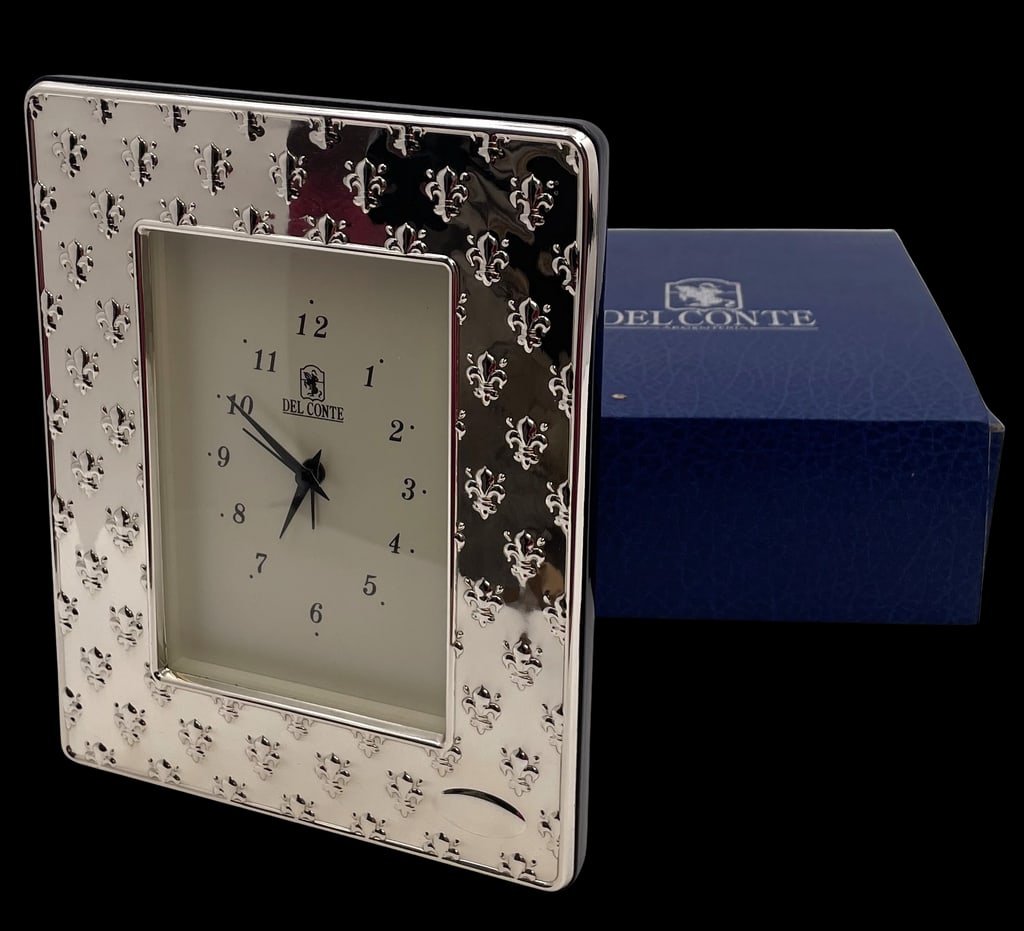 Del Conte Sterling Silver Desk Clock with Fleur de Lys Pattern - 6