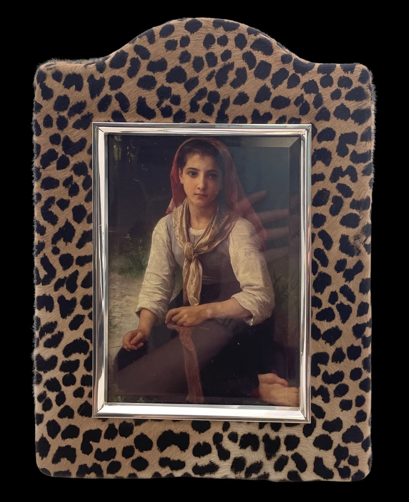 Del Conte Italian Leopard & Sterling Silver Photo Frame New in Box: Del Conte, Italian unique leopard and sterling silver picture frame, with a wood back, in new condition and sold with its original box. It measures approx. 11 1/2'' by 8 1/2'' in outer dimensions