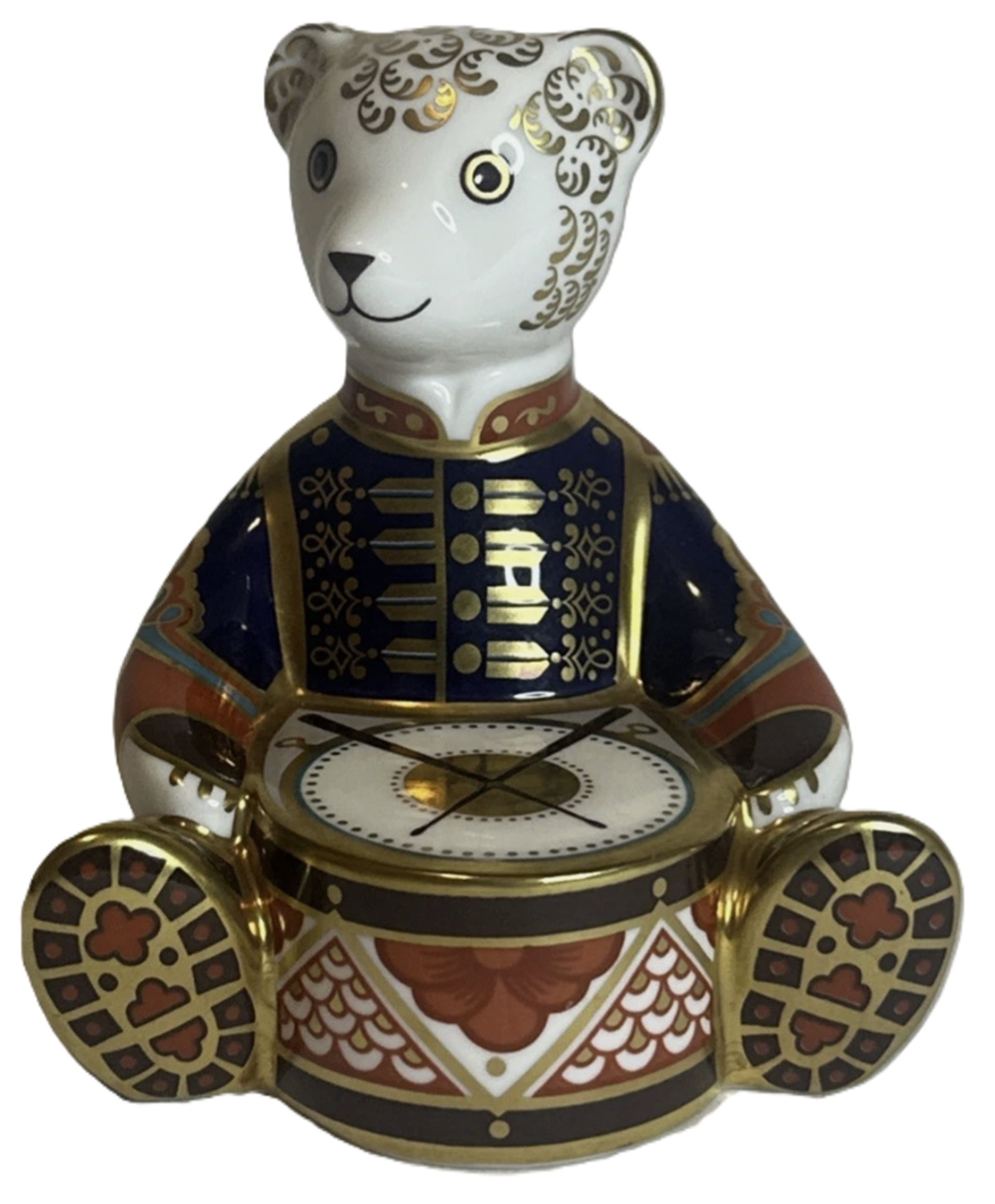 Royal Crown Derby Imari Porcelain Teddy Bear Drummer Figurine With 22k Gold Accents: Royal Crown Derby Imari Teddy Bear Drummer Figurine With 22k Gold Accents Measures approx 4-3/8” tall No chips or cracks present