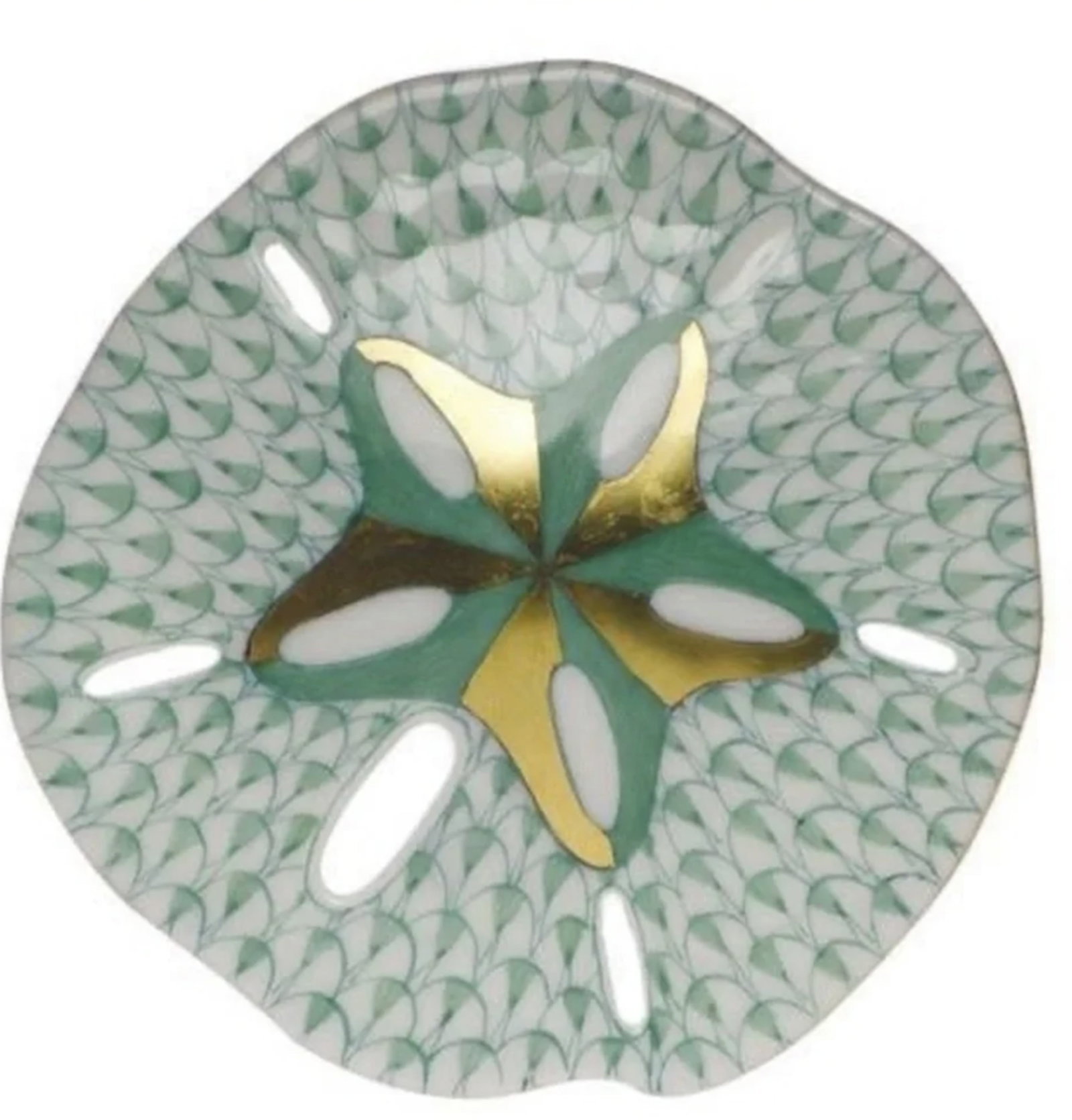 Herend Signed Porcelain Green Fishnet Star Fish Figurine with 24k Gold Accents Made in Hungary: Herend Signed Porcelain Green Fishnet Star Fish with 24k Gold Accents Made in Hungary Measures approx 2.75"Wide No chips or cracks present