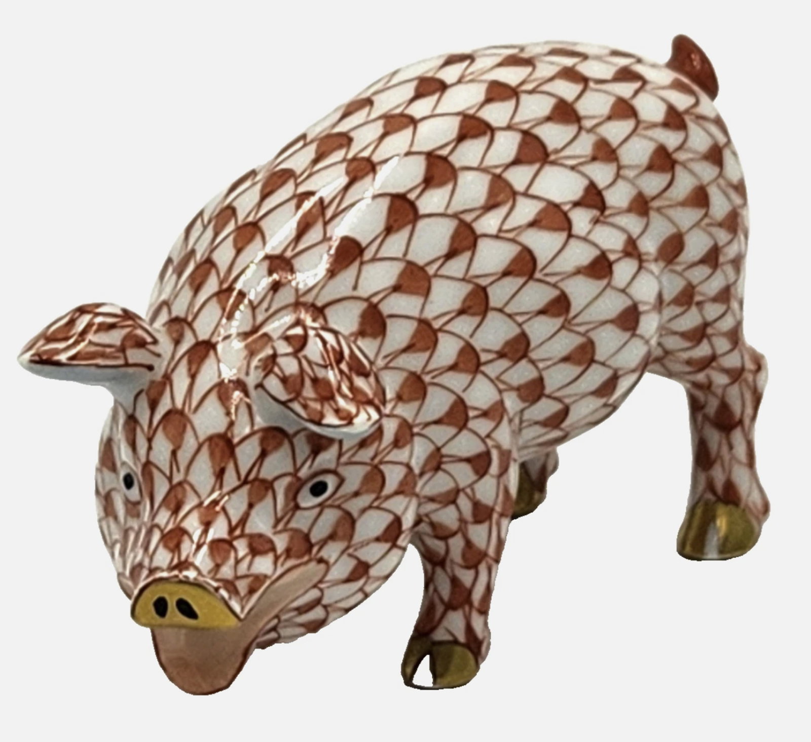 Herend Signed Porcelain Rust Fishnet Pig Hog Figurine with 24k Gold Accents Made in Hungary (1 of 5)