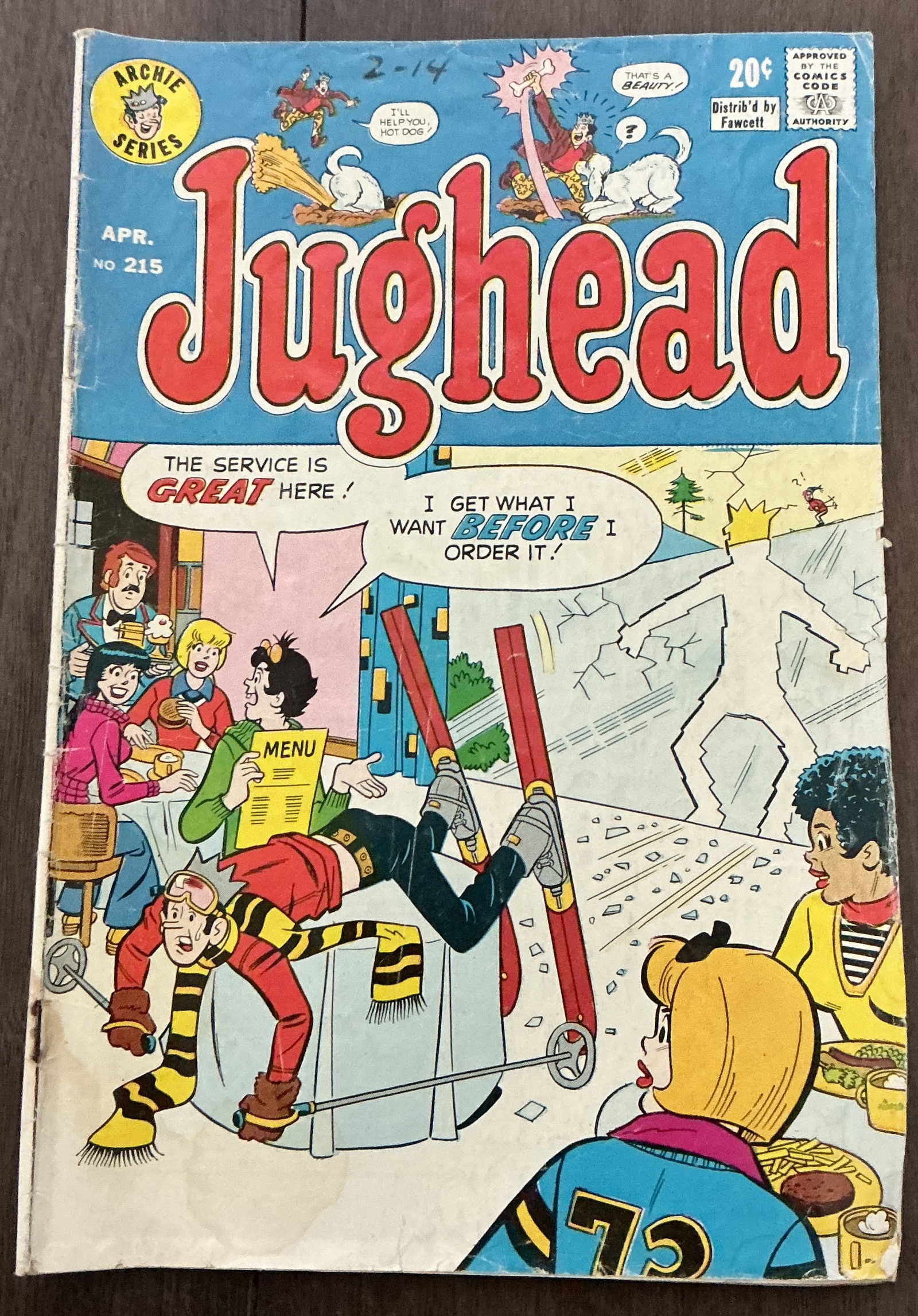 Jughead No. 215: Jughead No. 215 is a vintage Archie Series comic book published in April and distributed by Fawcett under the Comics Code Authority. Featuring the classic humor and antics of Jughead Jones and the Arc