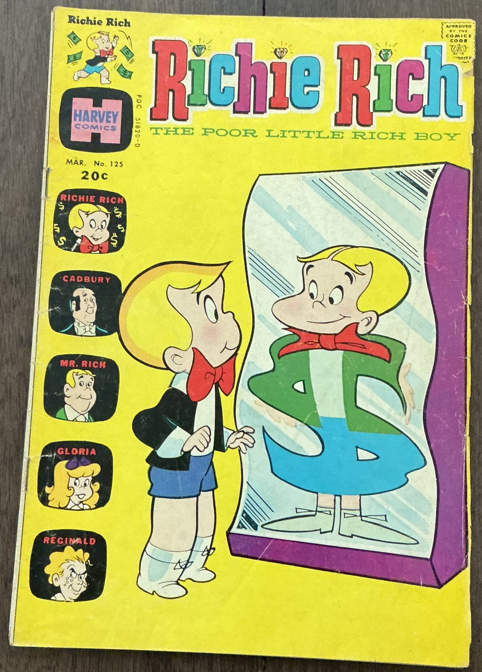 Richie Rich The Poor Little Rich Boy No. 125: Richie Rich The Poor Little Rich Boy No. 125 from Harvey Comics features the iconic “Poor Little Rich Boy” character in a classic bright yellow cover design with Richie admiring a dollar-sign
