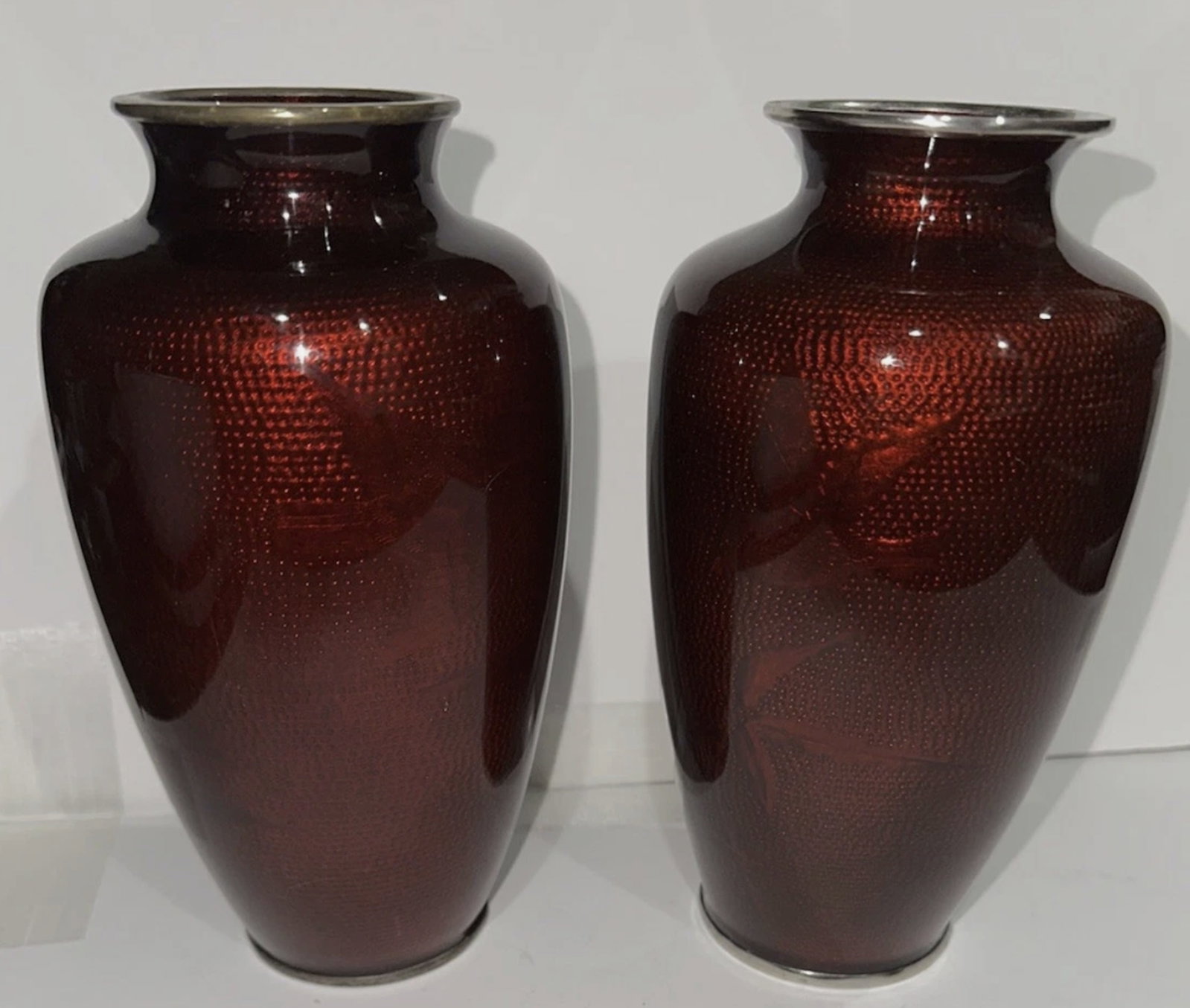 Japanese with Sterling Silver Rim Akusake Pigeon-blood Ginbari Foil Vase Pair With Bird & Bamboo: Japanese with Sterling Silver Rim Akusake Pigeon-blood Ginbari Foil Vase Pair With Bird & Bamboo Motif 1940. Measures approx 7 inches