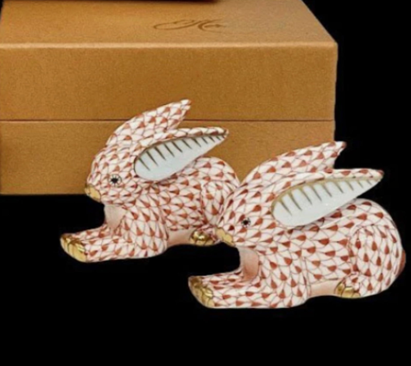 Herend Signed Porcelain Rust Fishnet Bunny Rabbit Pair With 24kt Gold Accents Orig Box (1 of 5)