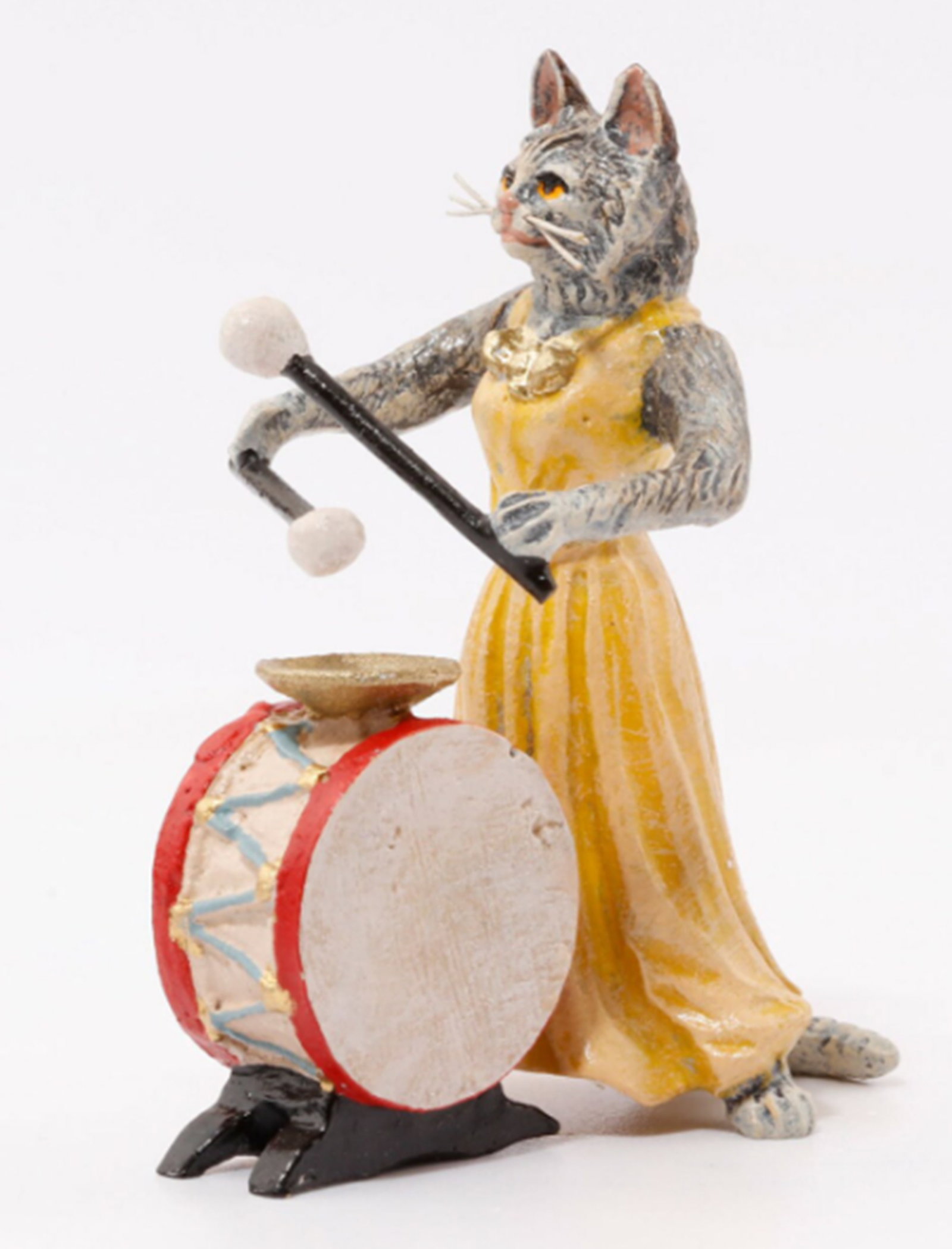 Fritz Bermann Austrian Vienna Bronze Cat lady Drum: Fritz Bermann Austrian Vienna Bronze Cat lady Drum. The sculpture is cold painted with a lot of detail down to the whiskers. It measures 2 inches tall