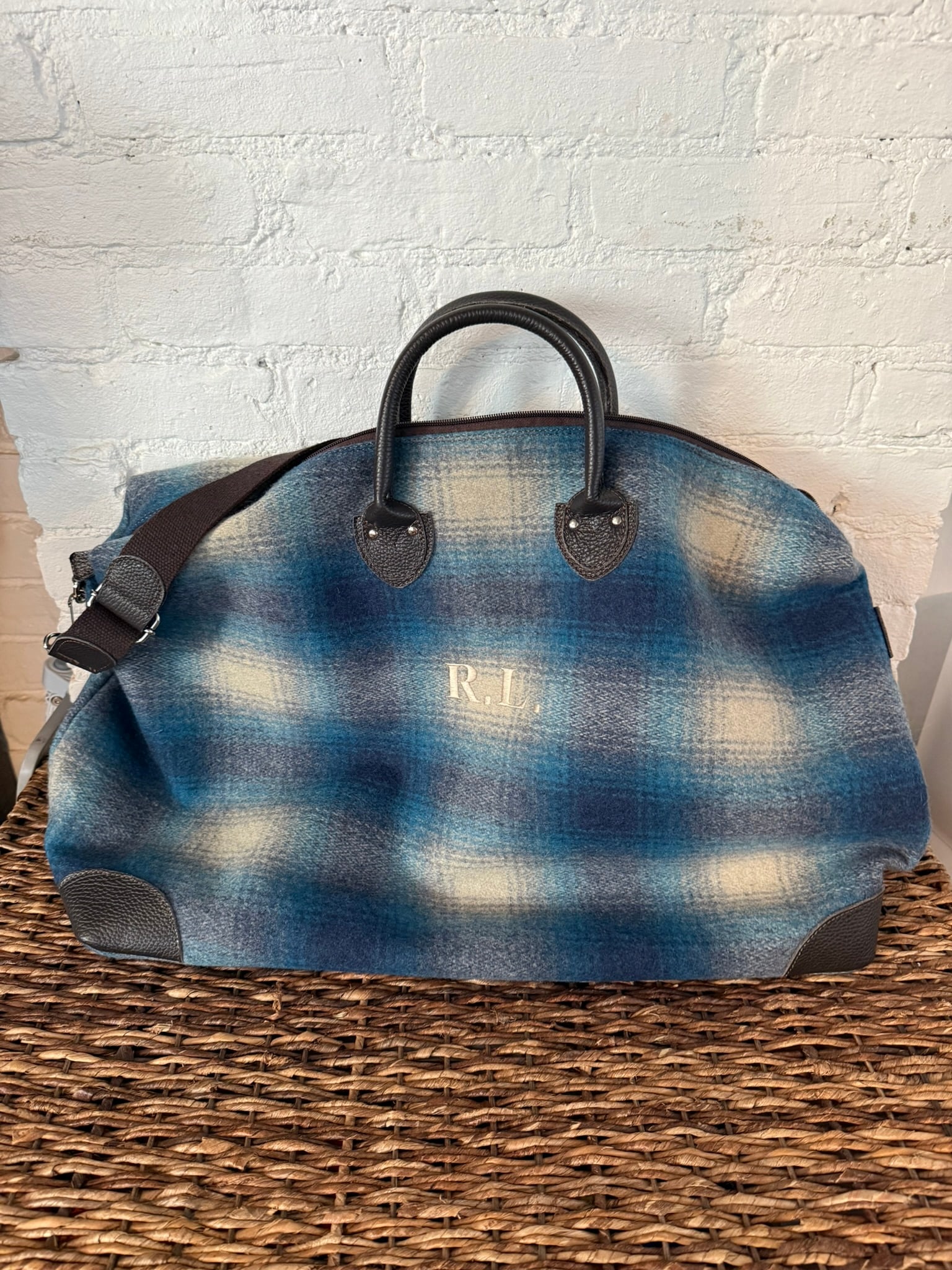 RRL Ralph Lauren Collaboration My Style Bags Weekender Duffle: Blue multi RRL Ralph Lauren Collaboration My Style Bags Weekender Duffle Blanket Plaid duffle with leather detailing