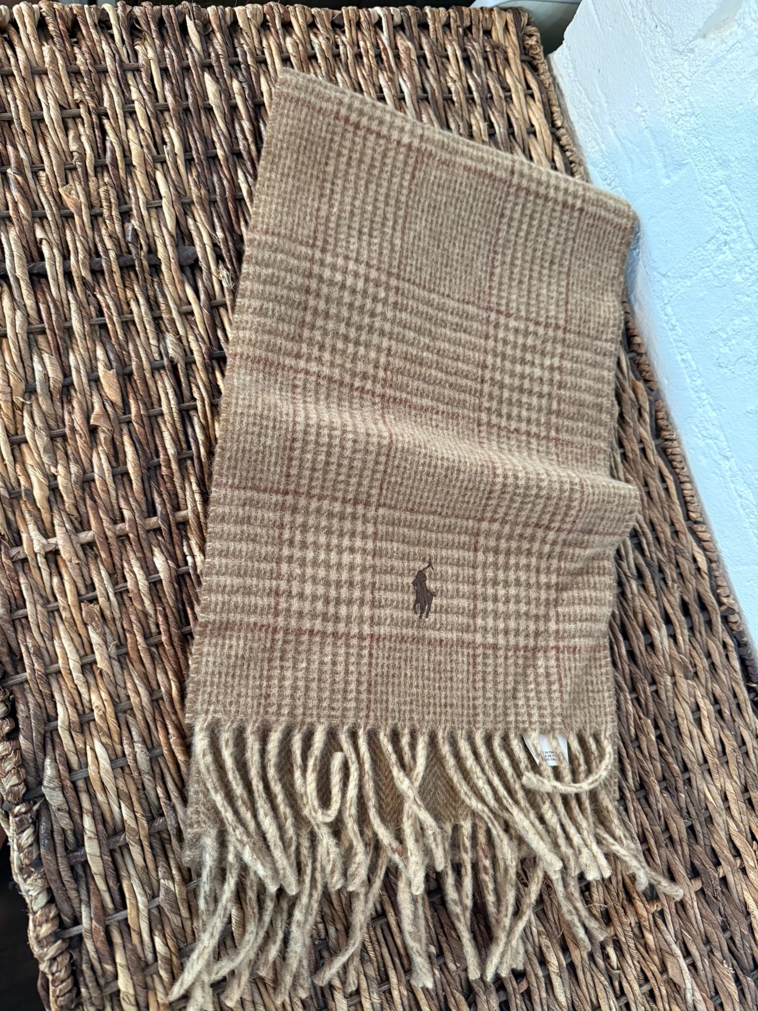 Plaid Cashmere Polo Scarf: Camel Multi Plaid Cashmere Polo Scarf