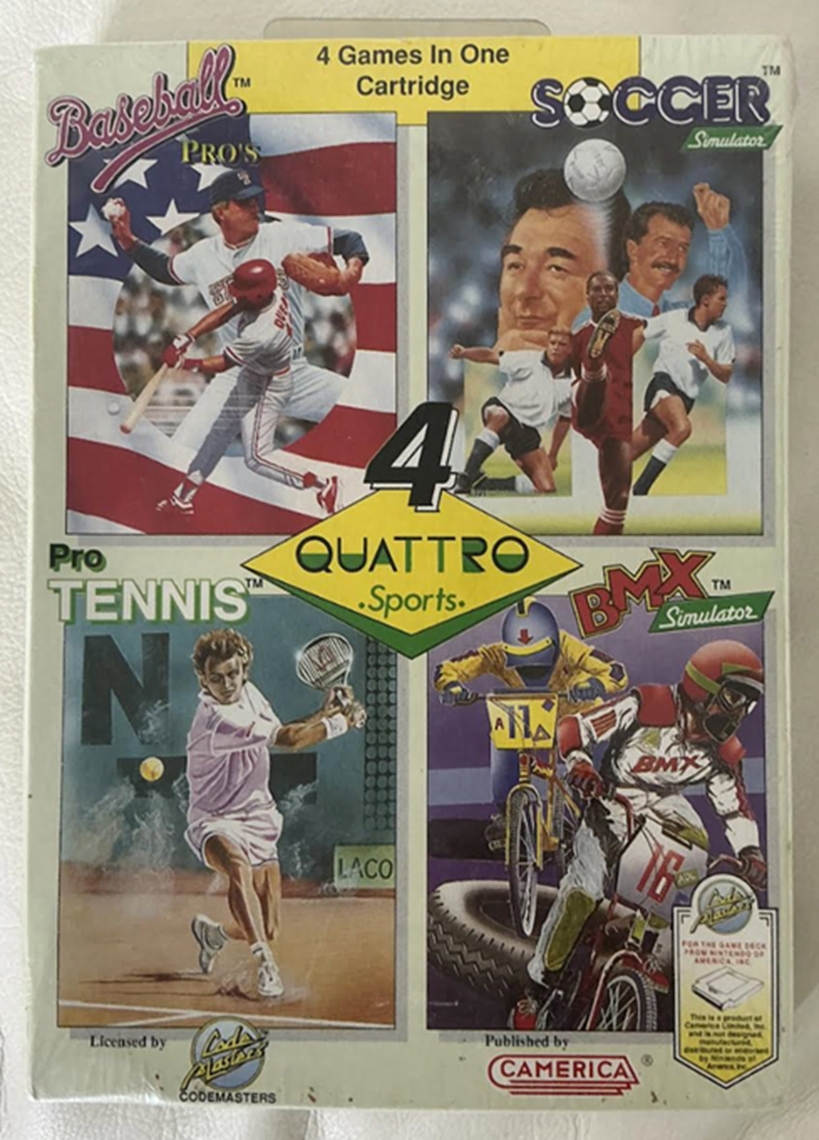 Quattro Sports Video Game By Camerica for the Nintendo NES Sealed NEW: This Quattro Sports game compilation for the Nintendo Entertainment System includes four distinct titles in one box.Games Included: Features Baseball Pro's, Soccer Simulator, Pro Tennis, and BMX
