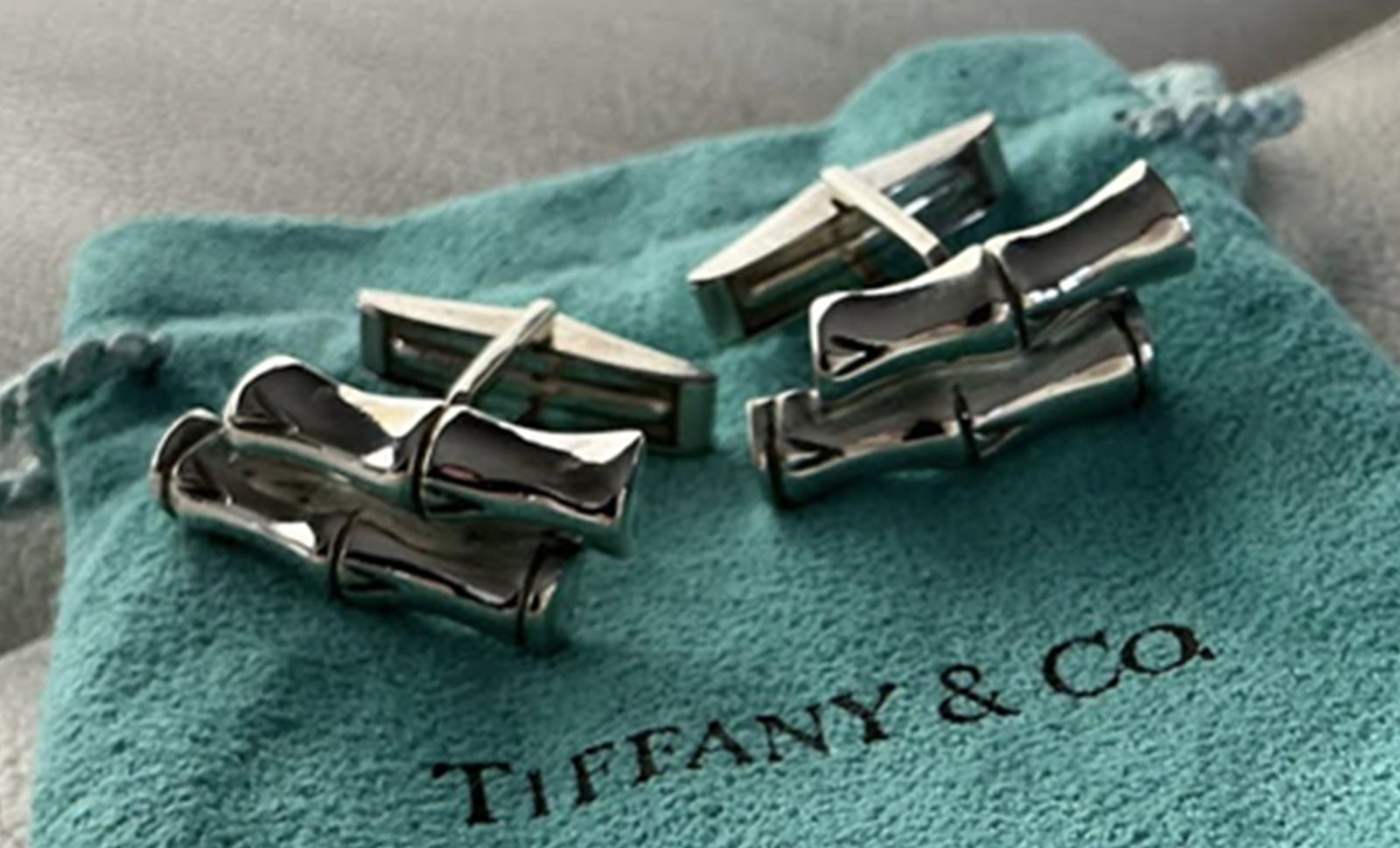 Tiffany & Co Sterling Silver Bamboo Cufflink Pair with Pouch: Tiffany & Co Sterling Silver Bamboo Cufflink Pair with Pouch