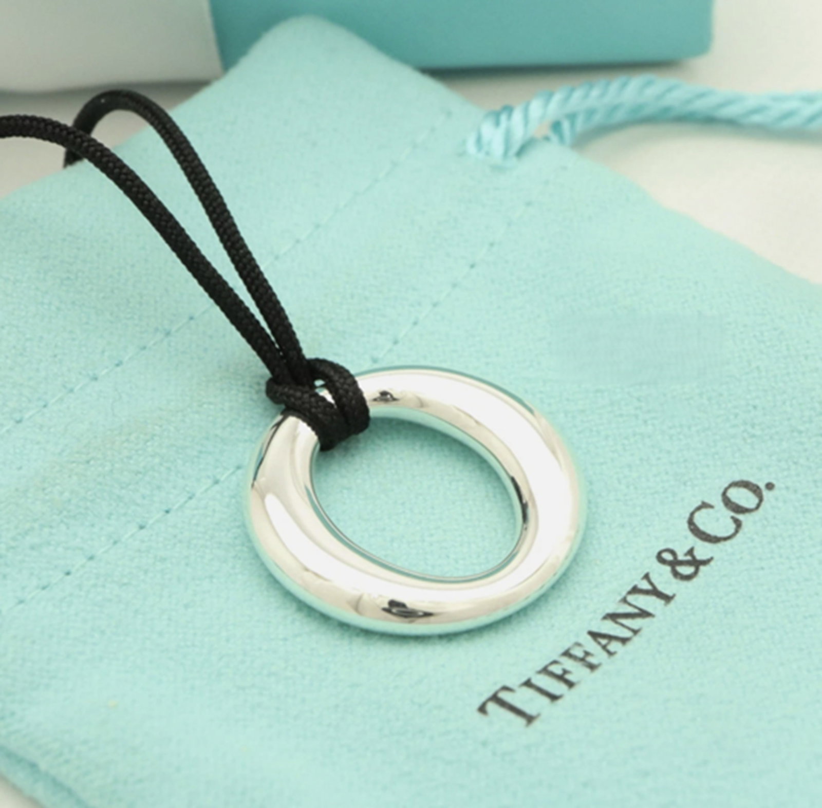 Tiffany & Co. Sterling Silver O Silk Cord Necklace 16" With Pouch: Tiffany & Co. Sterling Silver O Silk Cord Necklace 16" With Pouch
