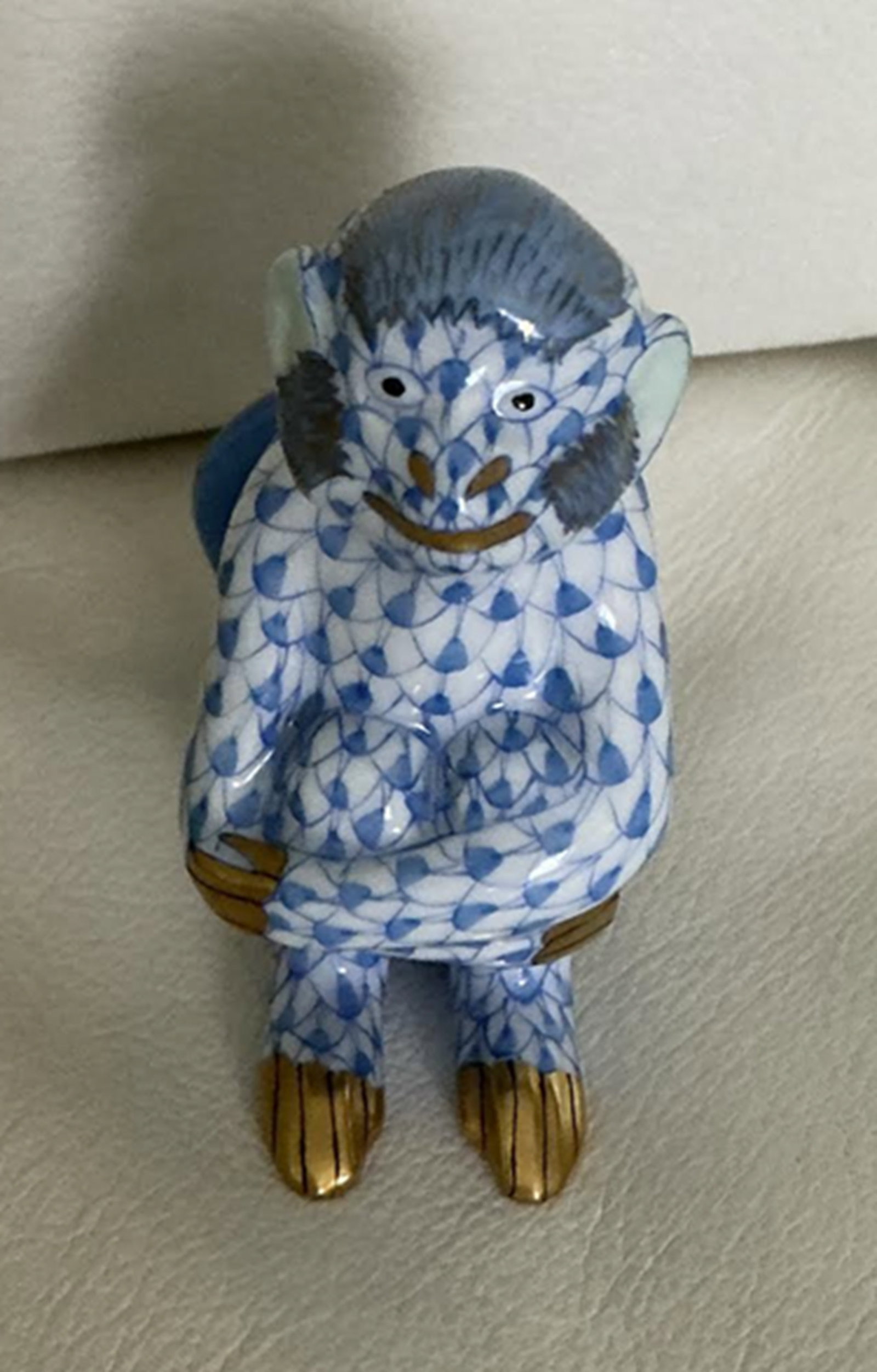 Herend Signed Porcelain Blue Fishnet Monkey Figurine with 24k Gold Accents Made in Hungary.: Herend Signed Porcelain Blue Fishnet Monkey with 24k Gold Accents Made in Hungary. Measures approx 2.5 inches wide 2 3/4 inches tall No chips or cracks present