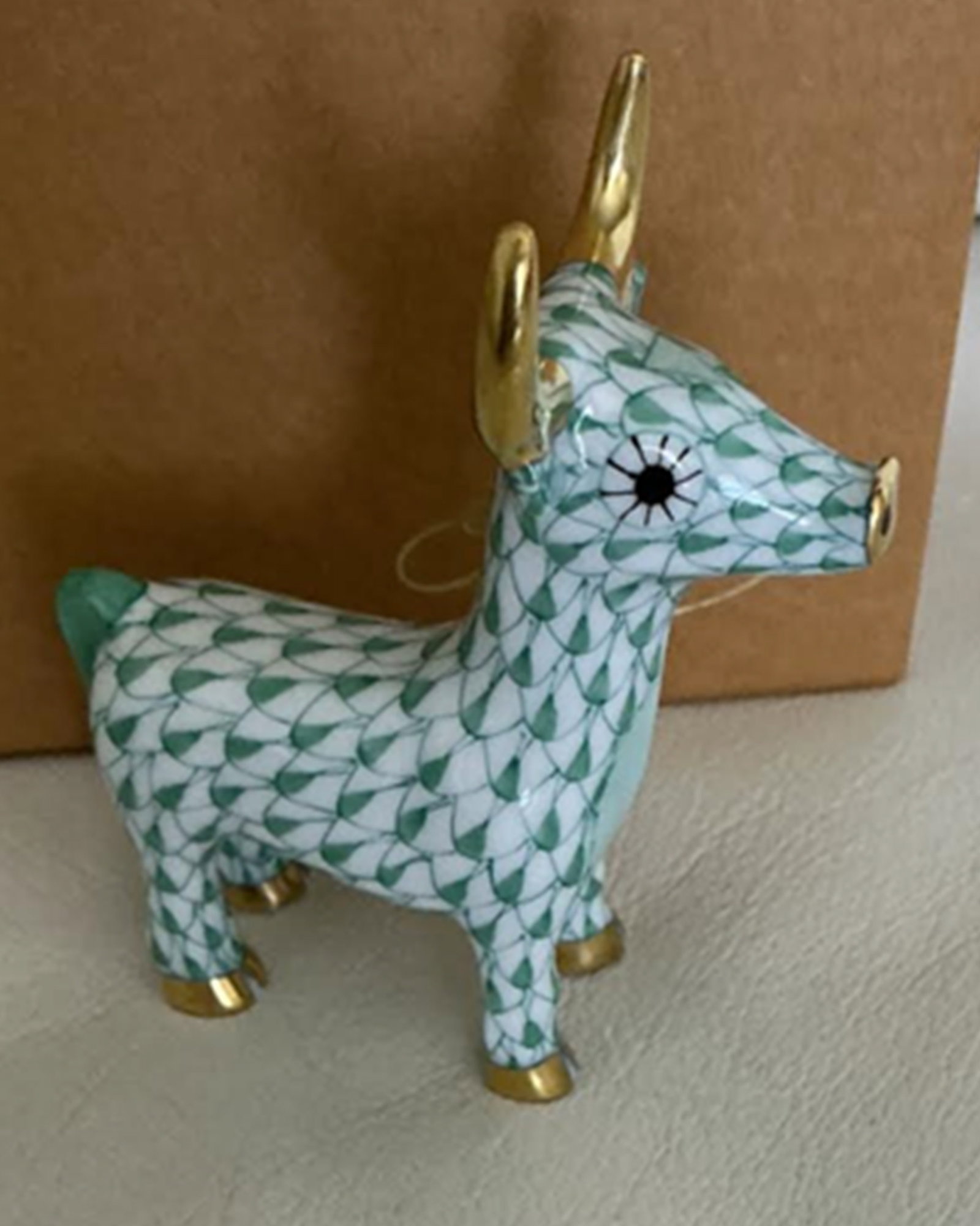 Herend Signed Porcelain Green Fishnet Calf Figurine with 24k Gold Accents Made in Hungary. (1 of 6)