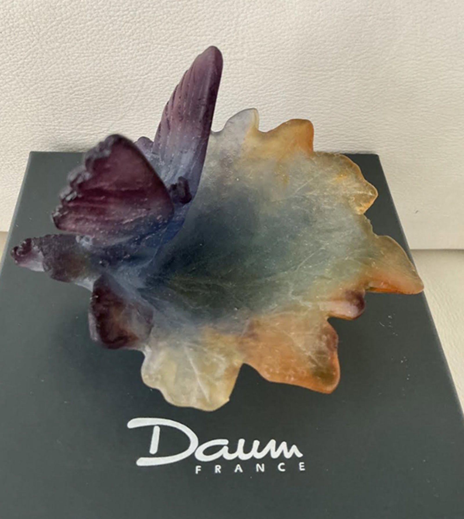Daum Pate De Verre Signed Papillion Butterfly Dish With Box Made in France: Daum Pate De Verre Signed Papillion Butterfly Dish With Box Made in France. Measures approx 3.5" × 2.8" No chips or cracks present