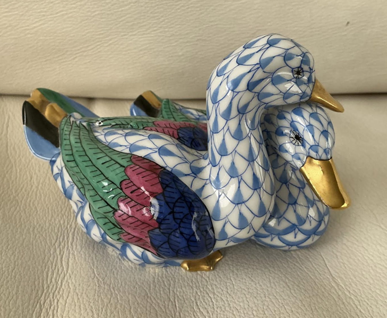 Herend Signed Porcelain Blue Fishnet Pair of Ducks Figurine with 24k Gold Accents. (1 of 5)