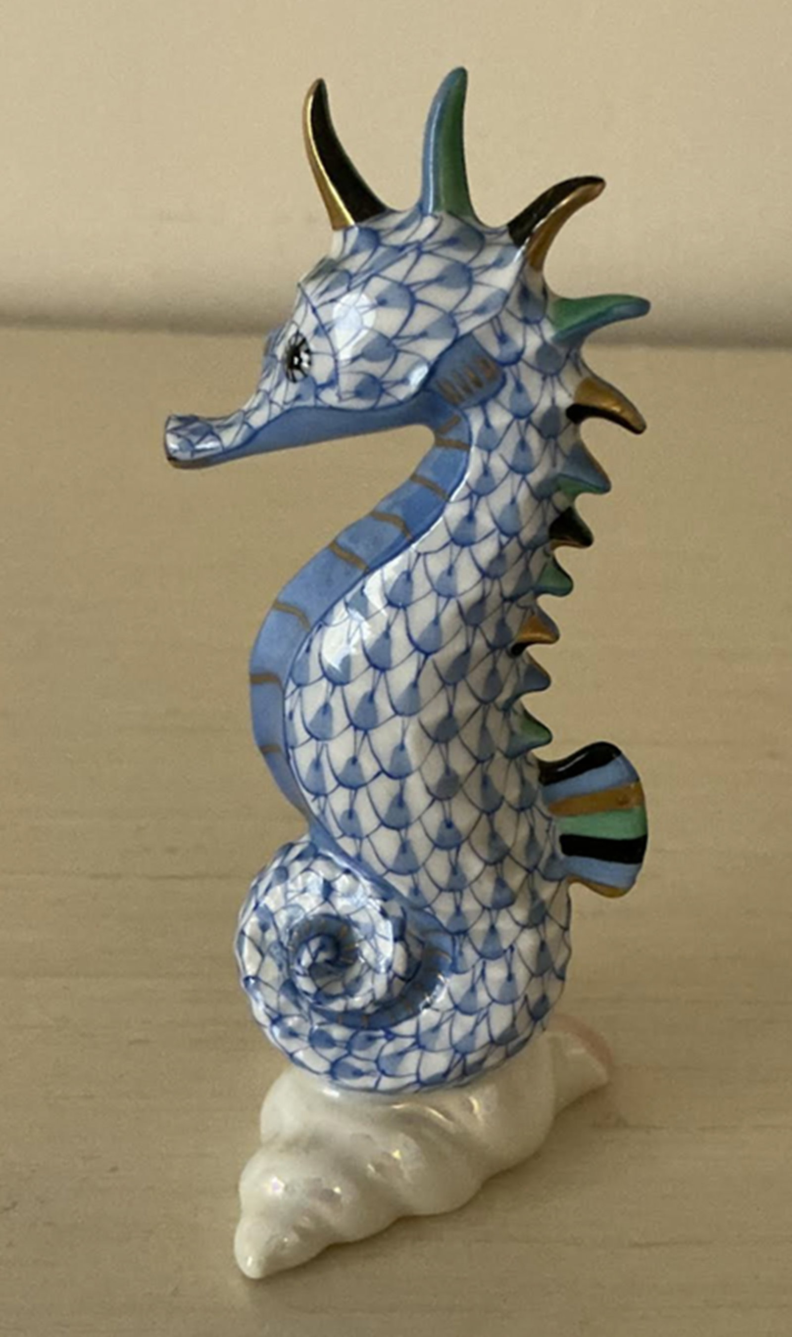 Herend Signed Porcelain Blue Fishet Sea Horse Figurine with 24k Gold Accents. (1 of 6)