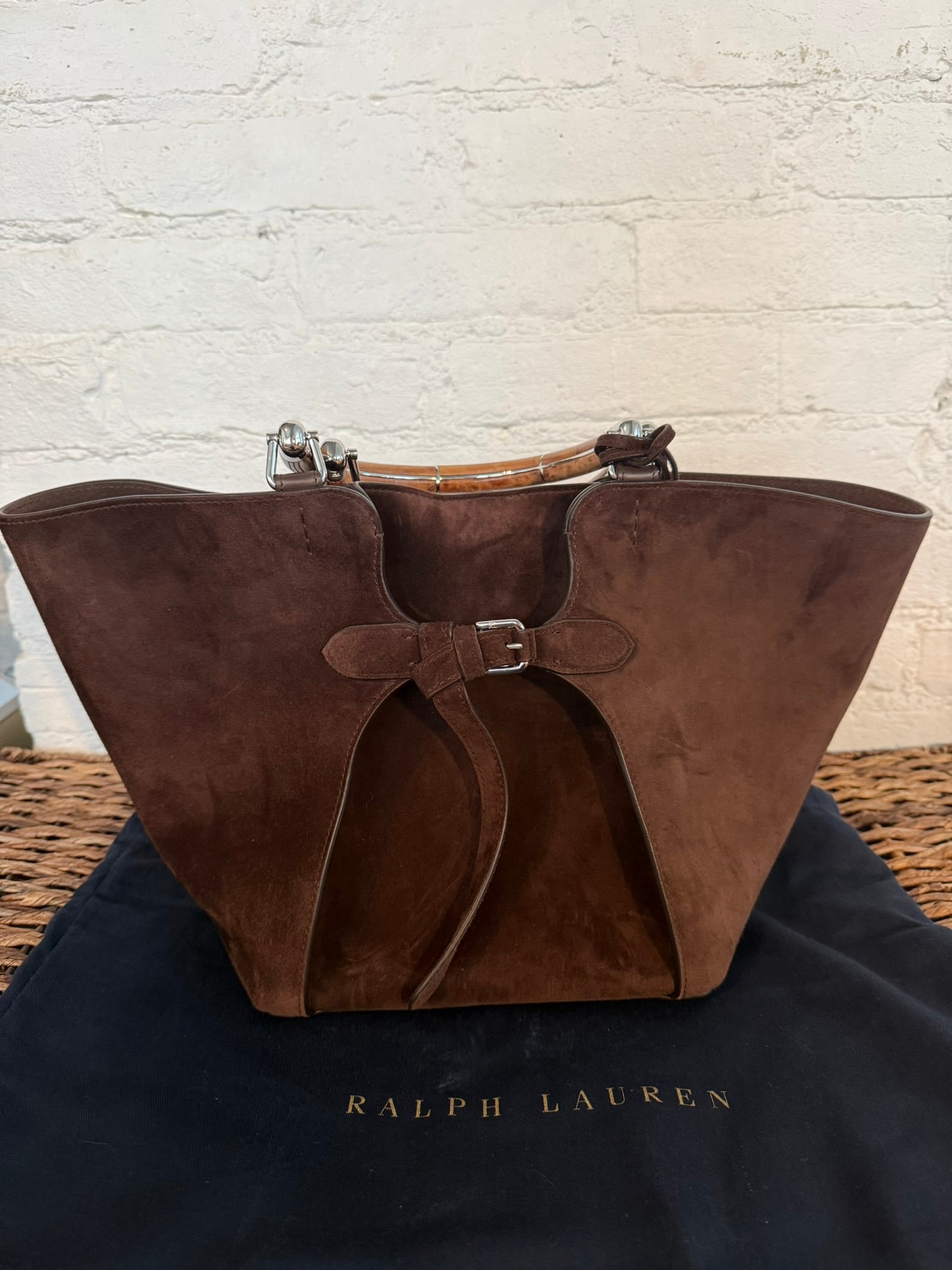 Women's Collection Ralph Bag: The Ralph Collection brand new chocolate suede bag. Genuine burl wood handles. Medium size. Complete with dust bag, key bell, crossbody strap, and internal canvas pouch Chocolate