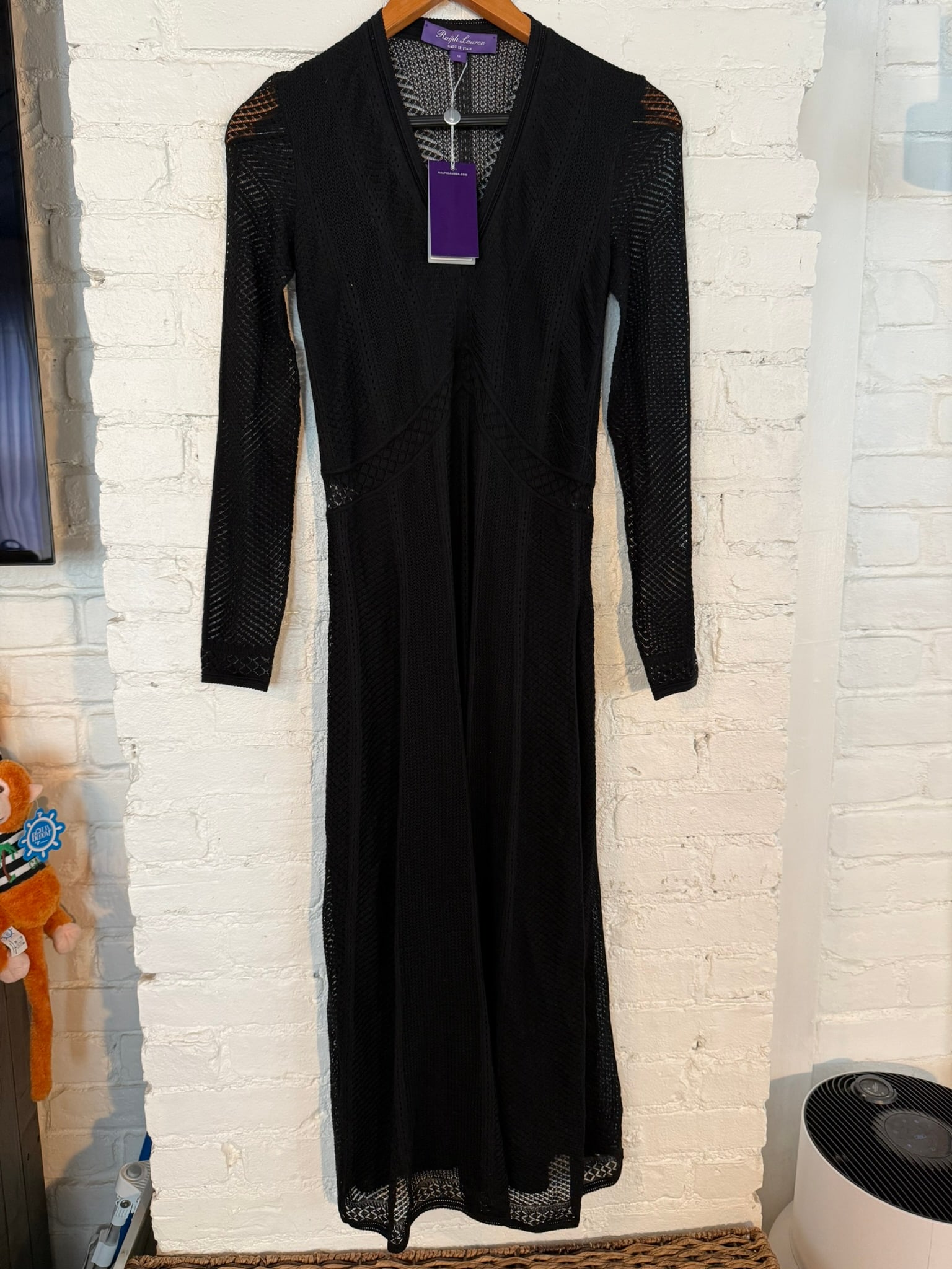 Women's Ralph Lauren Collection Dress: Brand new with tags Collection V-neck open knit dress with slip. Size Medium Black