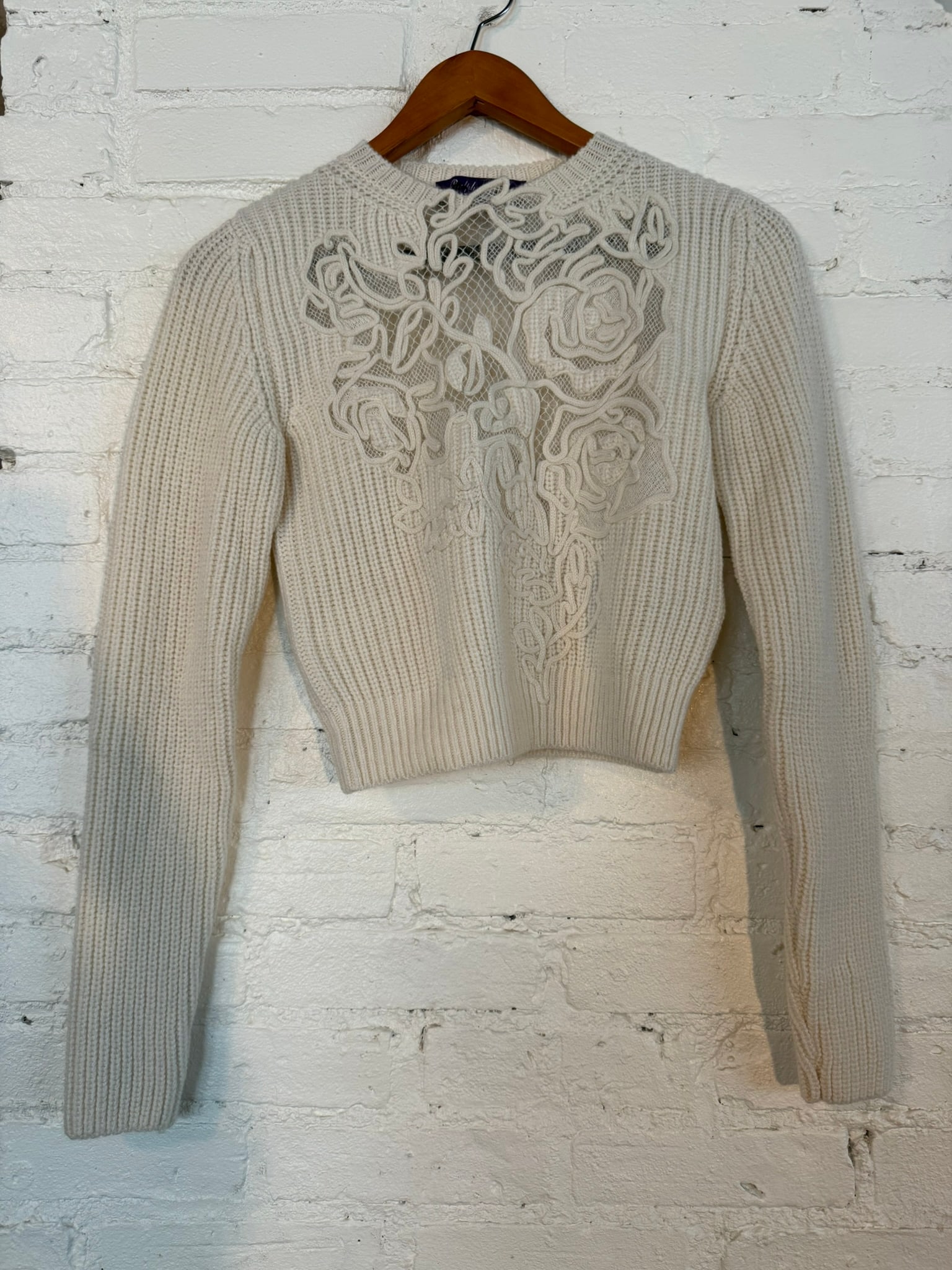 Women's Ralph Lauren Collection Sweater: Brand new Collection cream cropped sweater with front lace technique. Size XS Cream