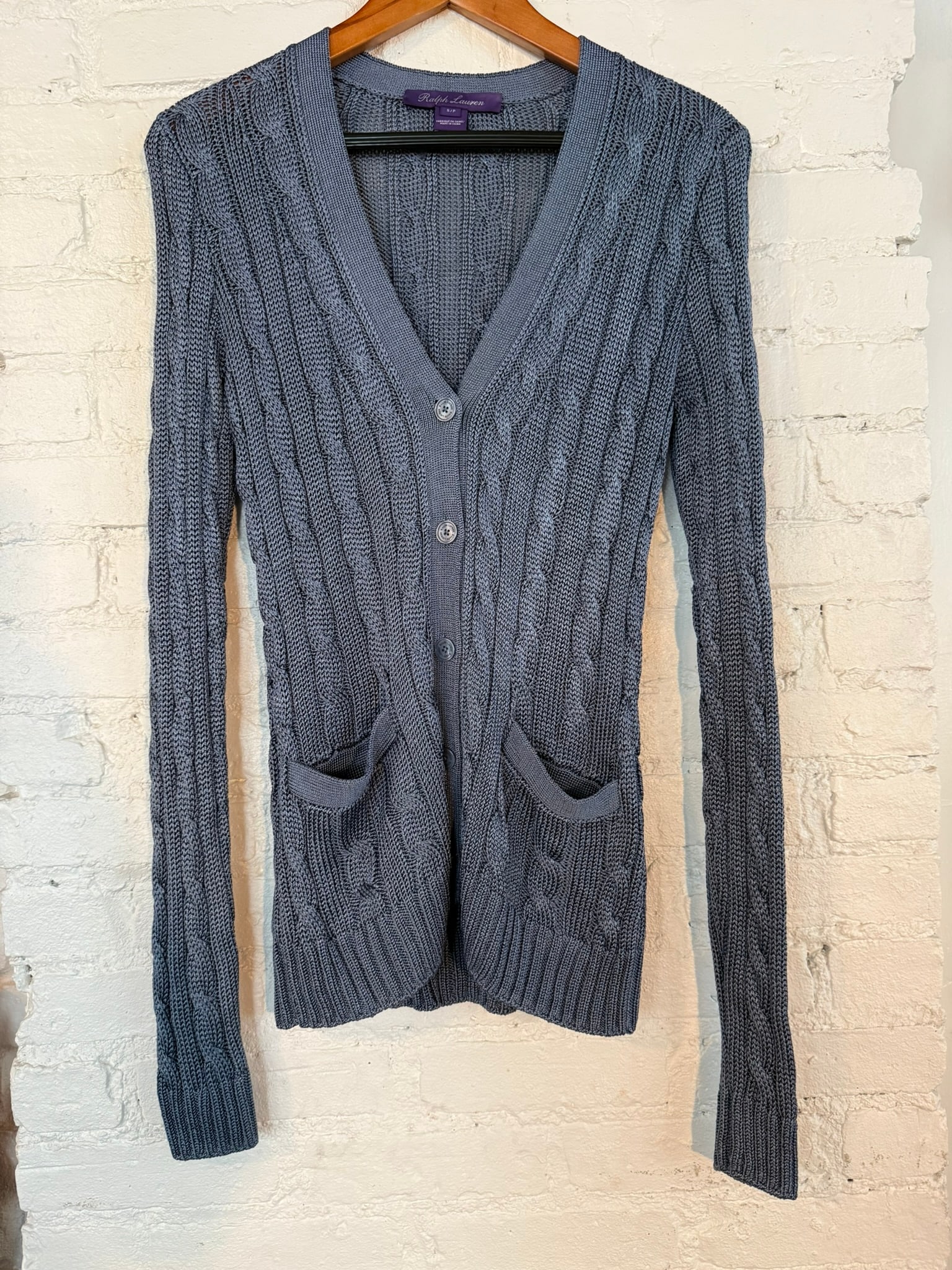 Women's Ralph Lauren Collection Sweater: Brand new Collection silk cable cardigan sweater. Size Small Indigo