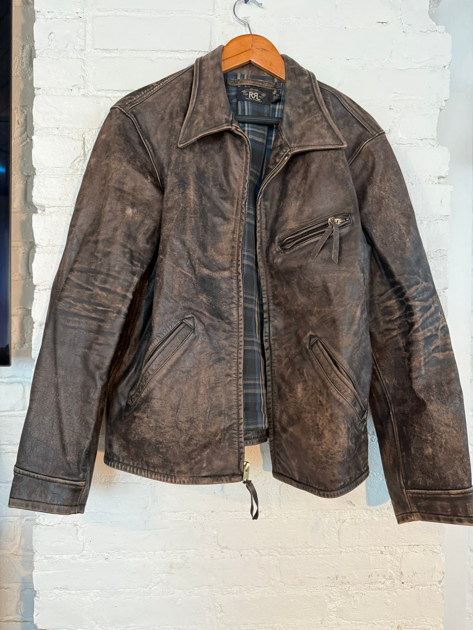 RRL- Ralph Lauren Leather Jacket: Brand new distressed leather RRL jacket. Heavy quality for colder weather Brown