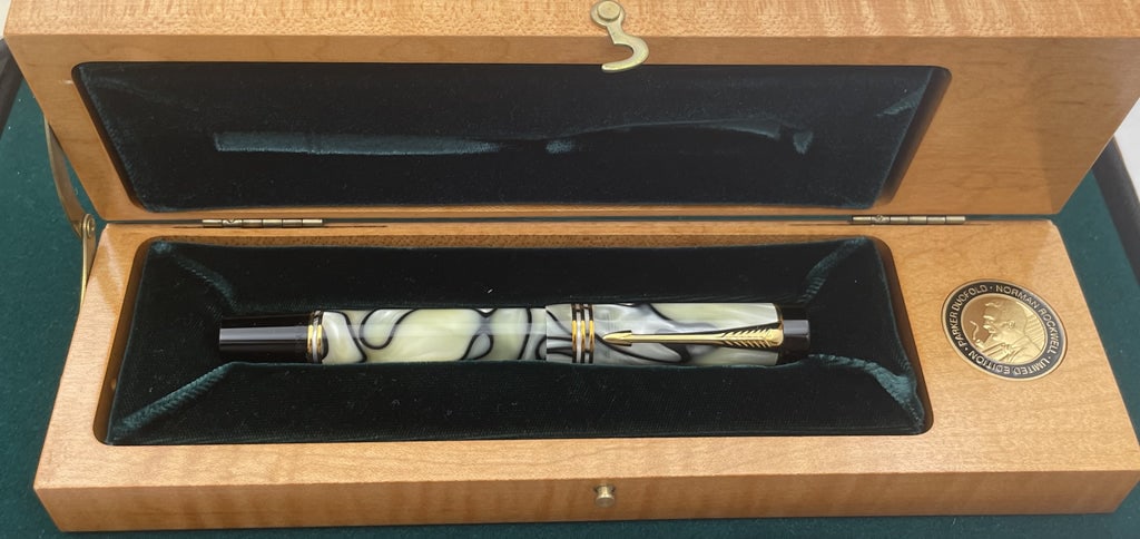 Parker Rare Norman Rockwell Limited Edition Fountain Pen with Original Documentation & Fine Prints: Purchased directly from the estate of Norman Rockwell's son, this exceptional Parker Duofold Norman Rockwell fountain pen, numbered 1,894 out of a limited edition of 3,500, with an 18k gold nib and a 