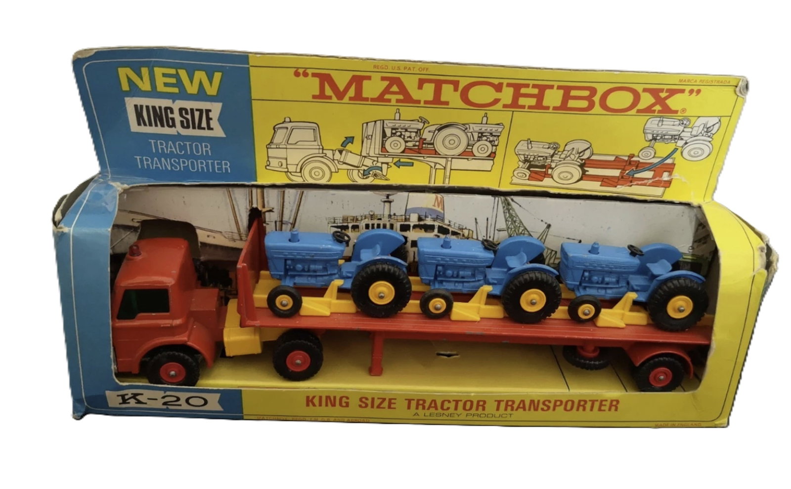 Matchbox Guy Warrior Transporter Vehicle Made in England: MATCHBOX KING SIZE K-20 FORD TRACTOR TRANSPORTER WITH 3 TRACTORS AND BOX