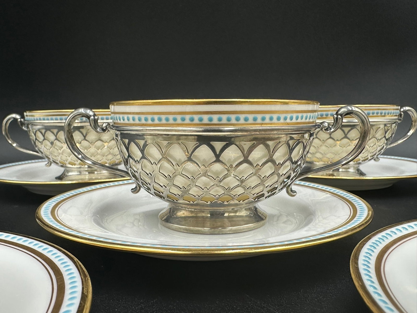 Tiffany & Co Set of 8 Tiffany Blue Dot Sterling Silver Bouillon Cups w/ Saucers by Lenox: Tiffany & Co Set of 8 Tiffany Blue Dot Sterling Silver Bouillon Cups w/ Saucers by Lenox. A Set of 8 Sterling Silver and Porcelain Bouillon Cups with the original saucers and liners. Everything is