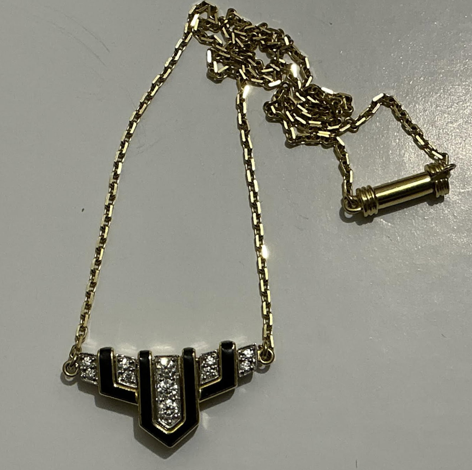 David Webb 18k Gold, Platinum and Diamond Enamel Pendant Necklace: David Webb 18k Gold, Platinum and Diamond Pendant Necklace. Length: approx 15.75"David Webb "Scape" pendant necklace from the Motif CollectionNecklace length; approx. 16"LIntegrated pendant; approx.