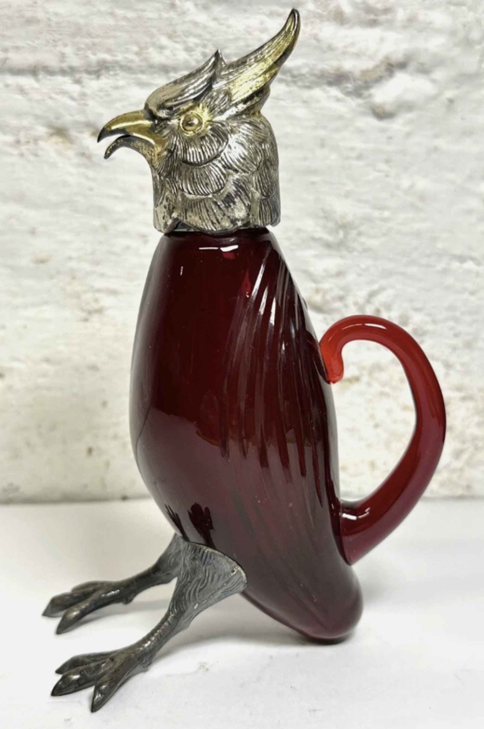 Sterling Silver Red Ruby Glass Spanish Owl Decanter Pithcer Jug 1920's (1 of 7)
