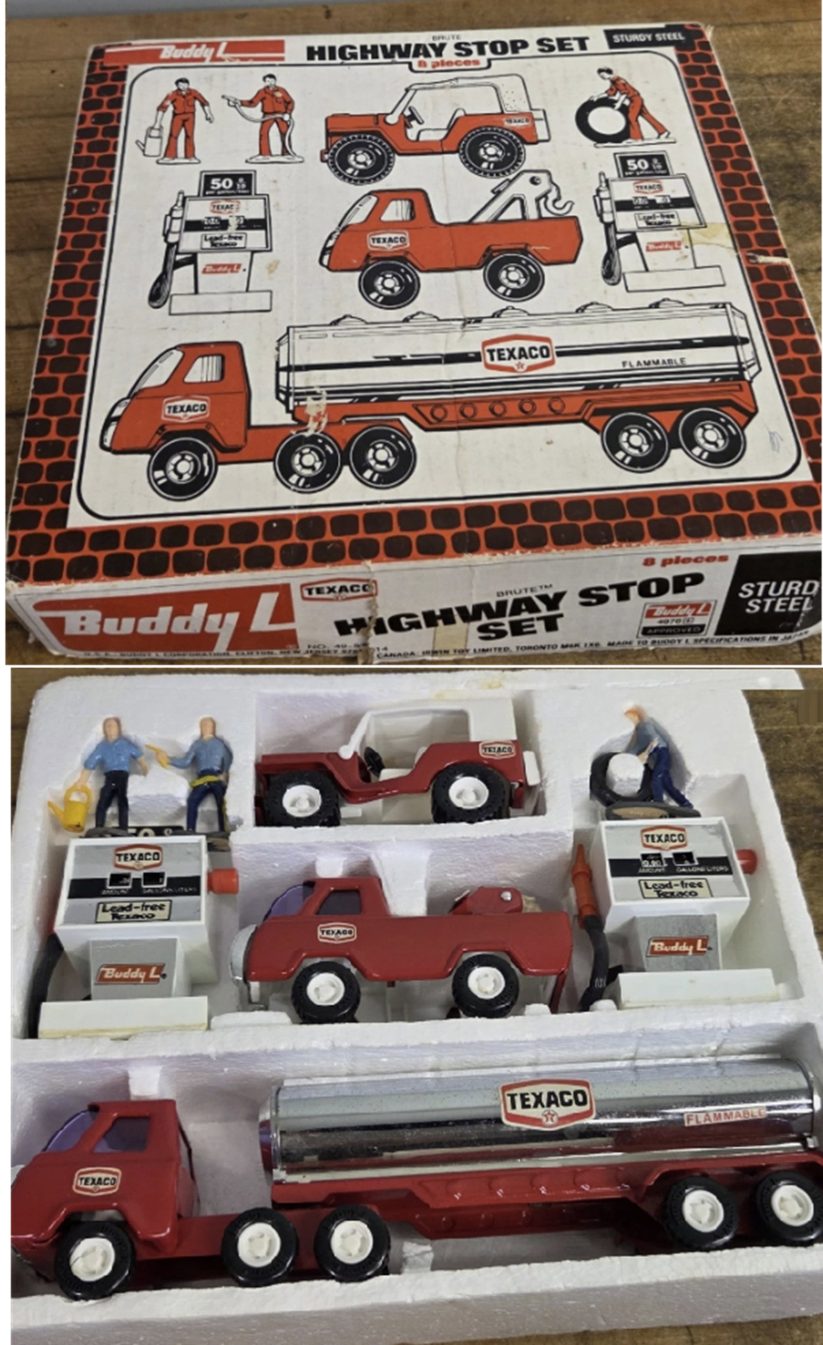 Buddy L Pressed Steel Highway Vehicle Gif Set 4976: Buddy L Pressed Steel Highway Vehicle Gif Set 4976. Set includes gas pumps, tanker truck, jeep and tow truck with gas station attendants. Box has signs of wear.