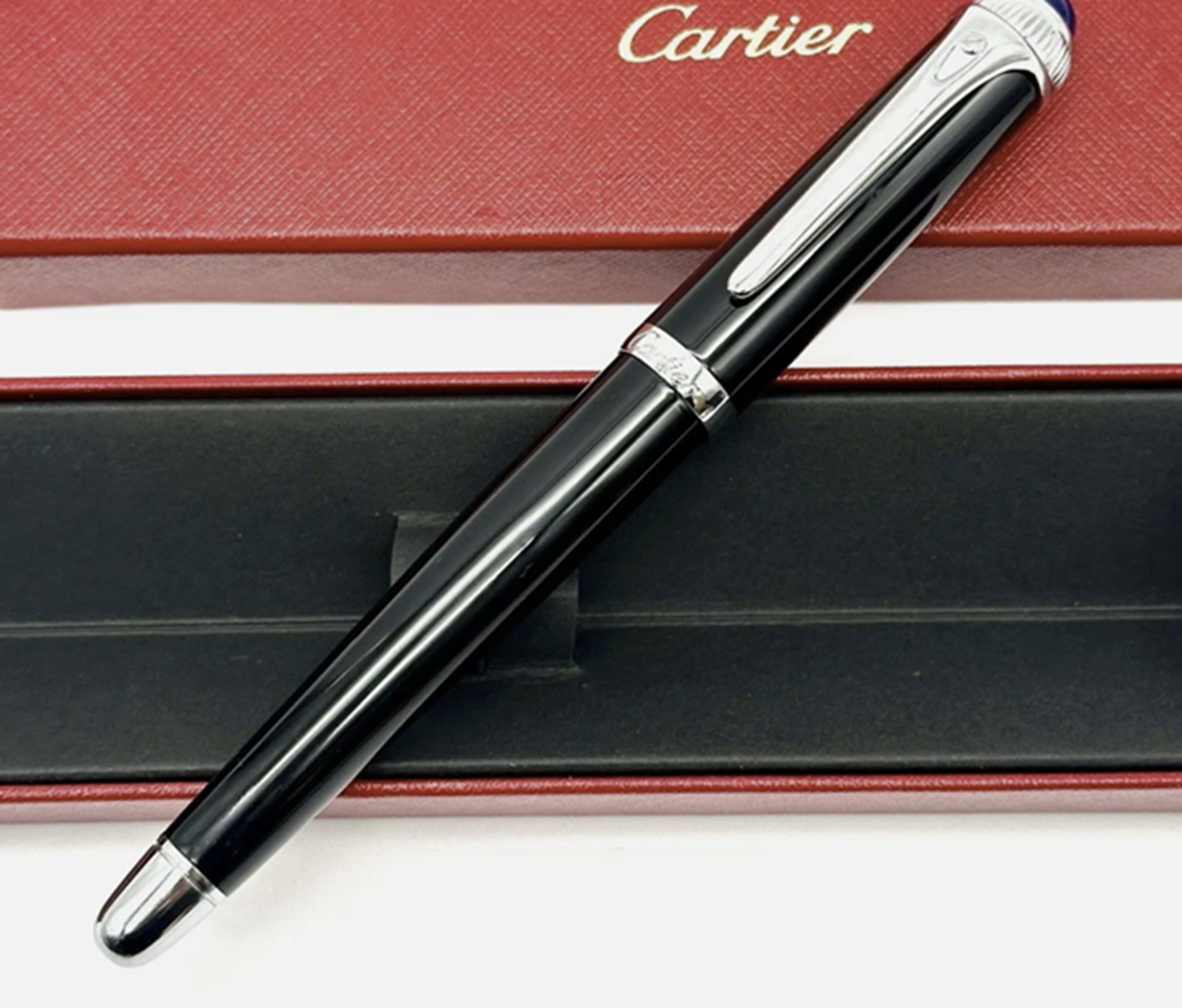 Cartier Black Composite Silver Executive Rollerball Pen With Box: Cartier Black Composite Silver Executive Rollerball Pen With Box