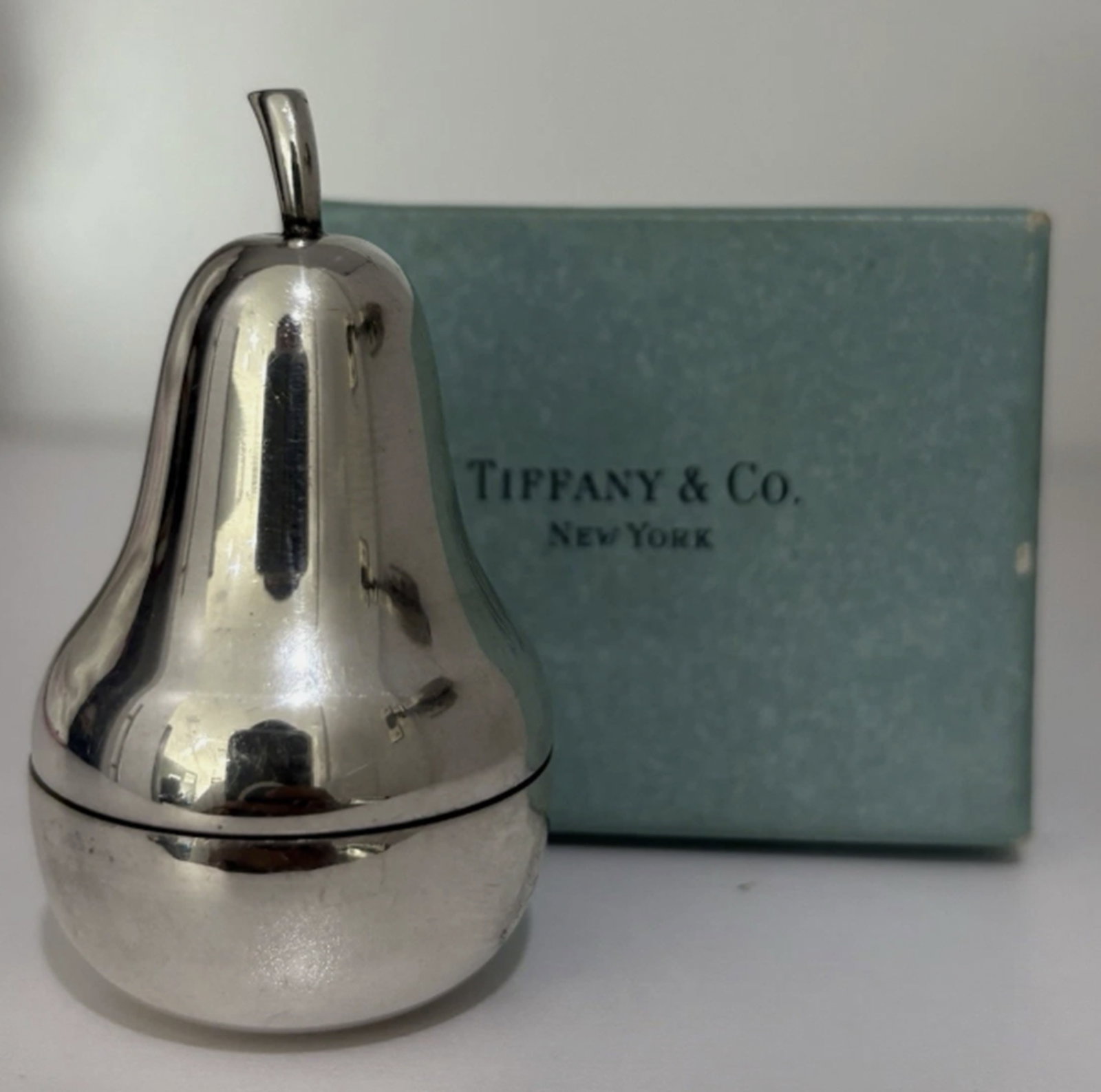 Tiffany & Co Sterling Silver Pear Pill Box With Orig Box: Tiffany & Co Sterling Silver Pear Pill Box With Orig Box