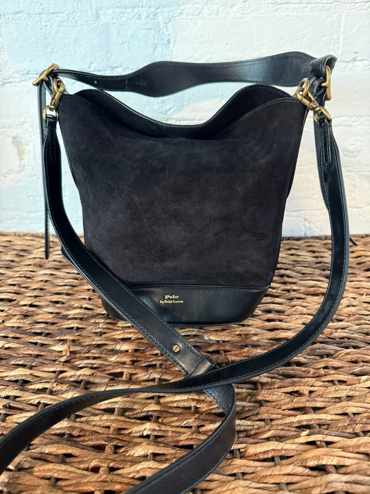 Polo Ralph Lauren Bucket Bag: Polo Ralph Lauren Bucket Bag Black suede bag with black leather detailing. Lightly used, great condition. Has detachable crossbody adjustable strap