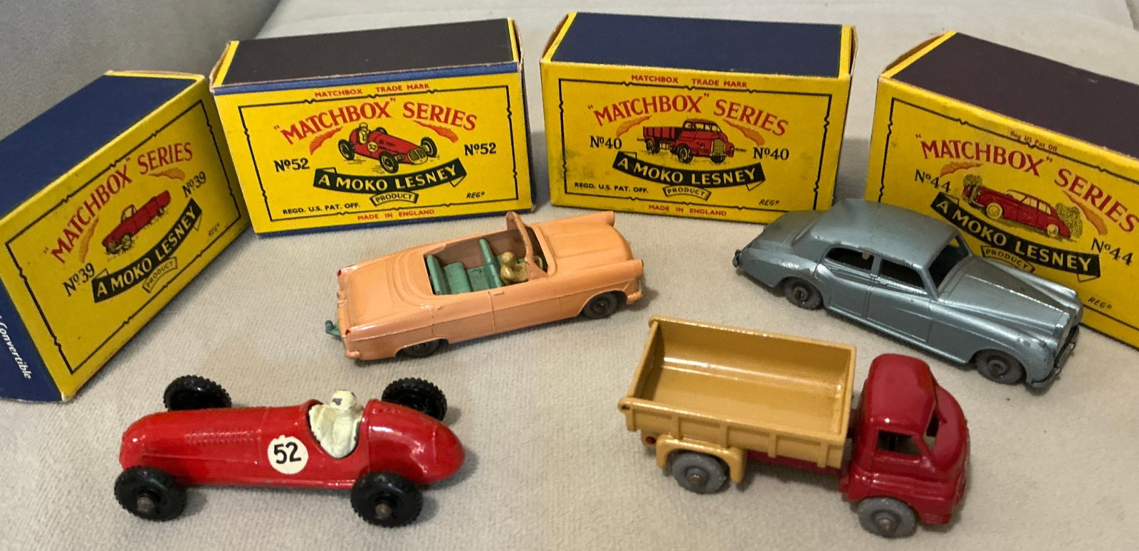 Moko Lesney Matchbox Collection With Original Boxes 1957 Made in England: Moko Lesney Matchbox Collection With Original Boxes 1957 Made in England. Nos. 39 Ford Zodiac Convertible, 40 Bedford 7-Ton Tipper, 44 Rolls-Royce Silver Cloud & 52 Maserati 4CLT. Boxes may have signs