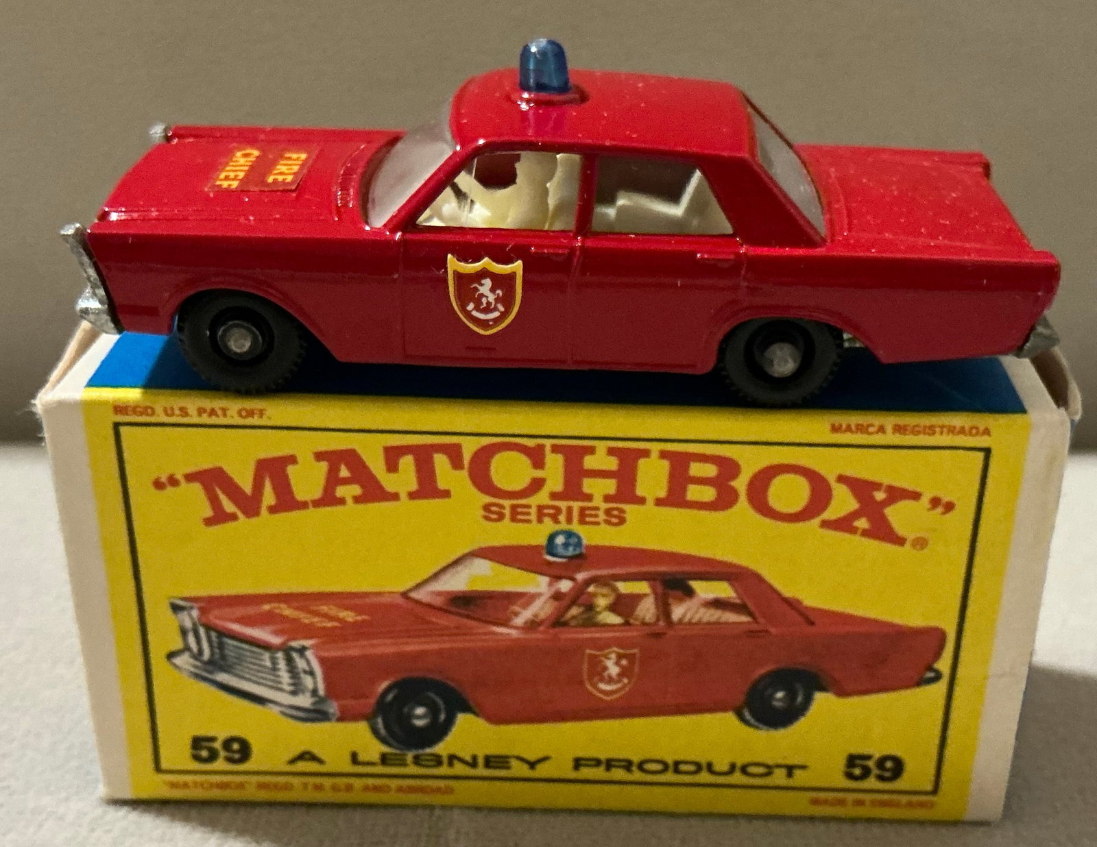 Lesney Matchbox Series No. 59 Ford Galaxie Fire Chief Car With Original Box 1966 Made in England (1 of 6)
