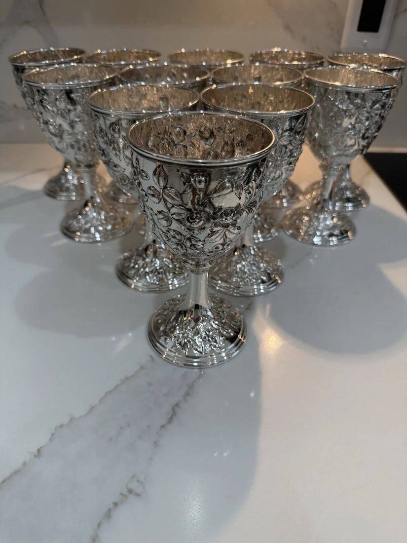 12 Early Kirk Repousse Sterling Silver Goblets Immaculate (1 of 9)