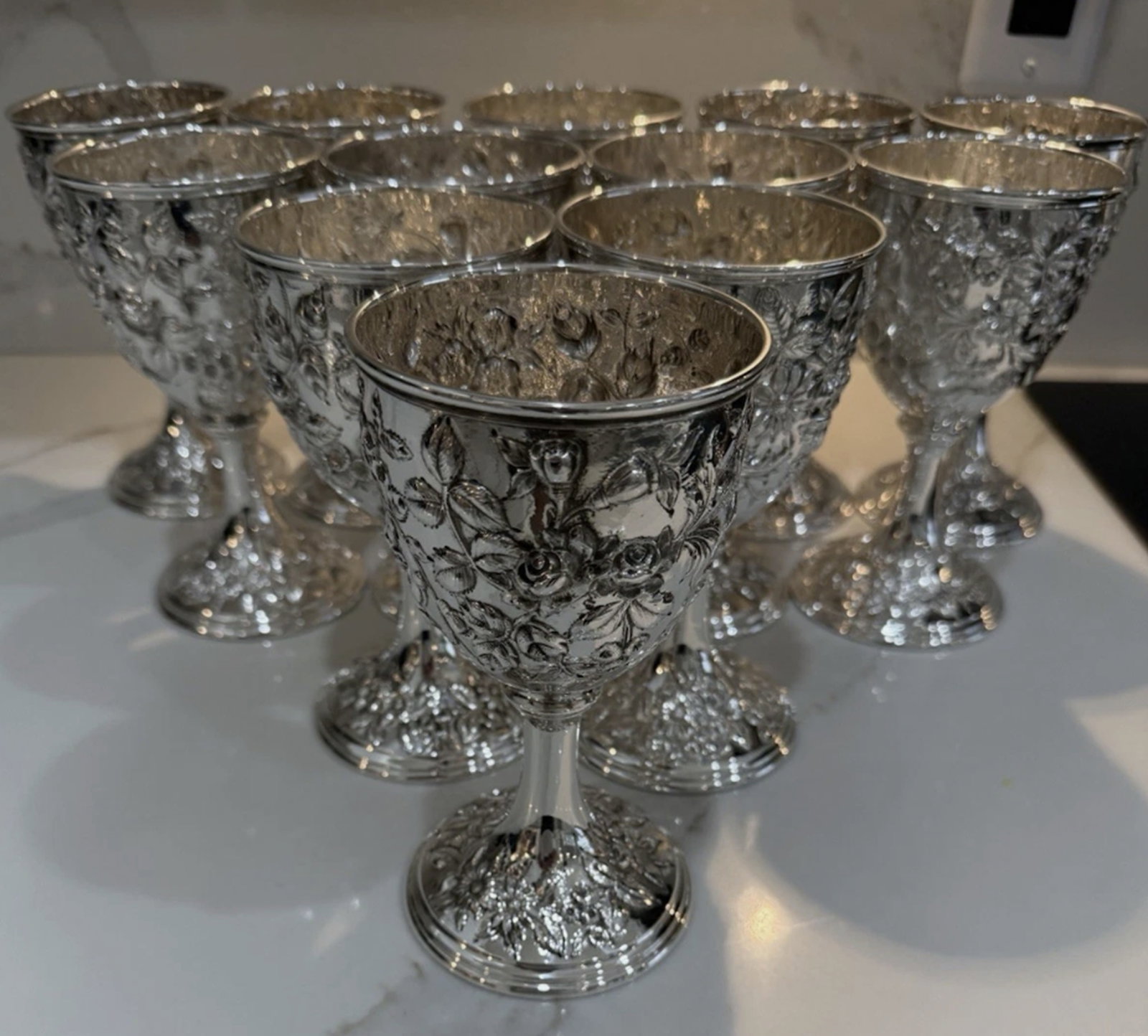 12 Early Kirk Repousse Sterling Silver Goblets Immaculate - 2