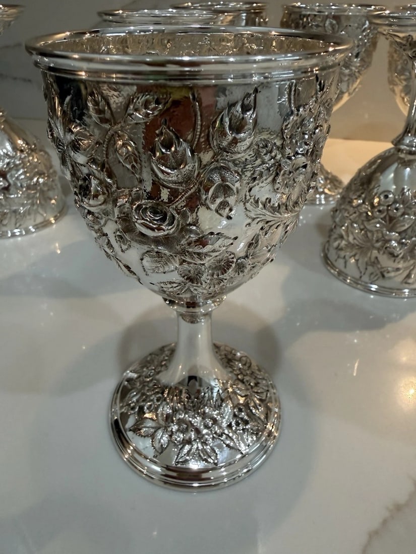12 Early Kirk Repousse Sterling Silver Goblets Immaculate - 3