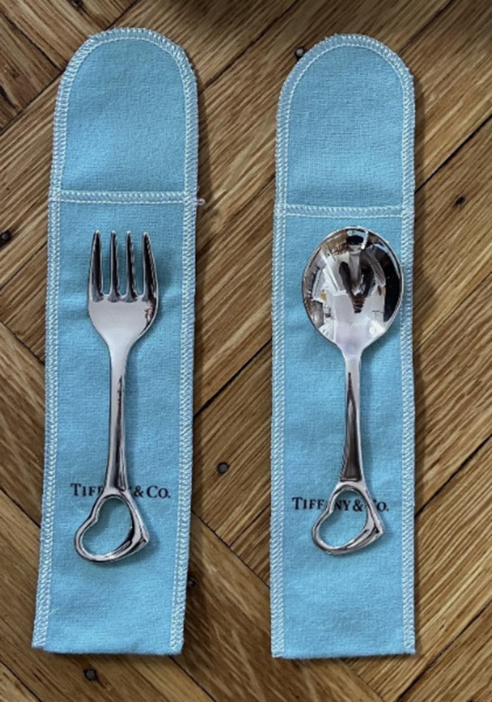 Tiffany & Co Sterling Silver Elsa Peretti Open Heart Baby Infant Spoon Fork Set Wtih Poch And Box (1 of 3)
