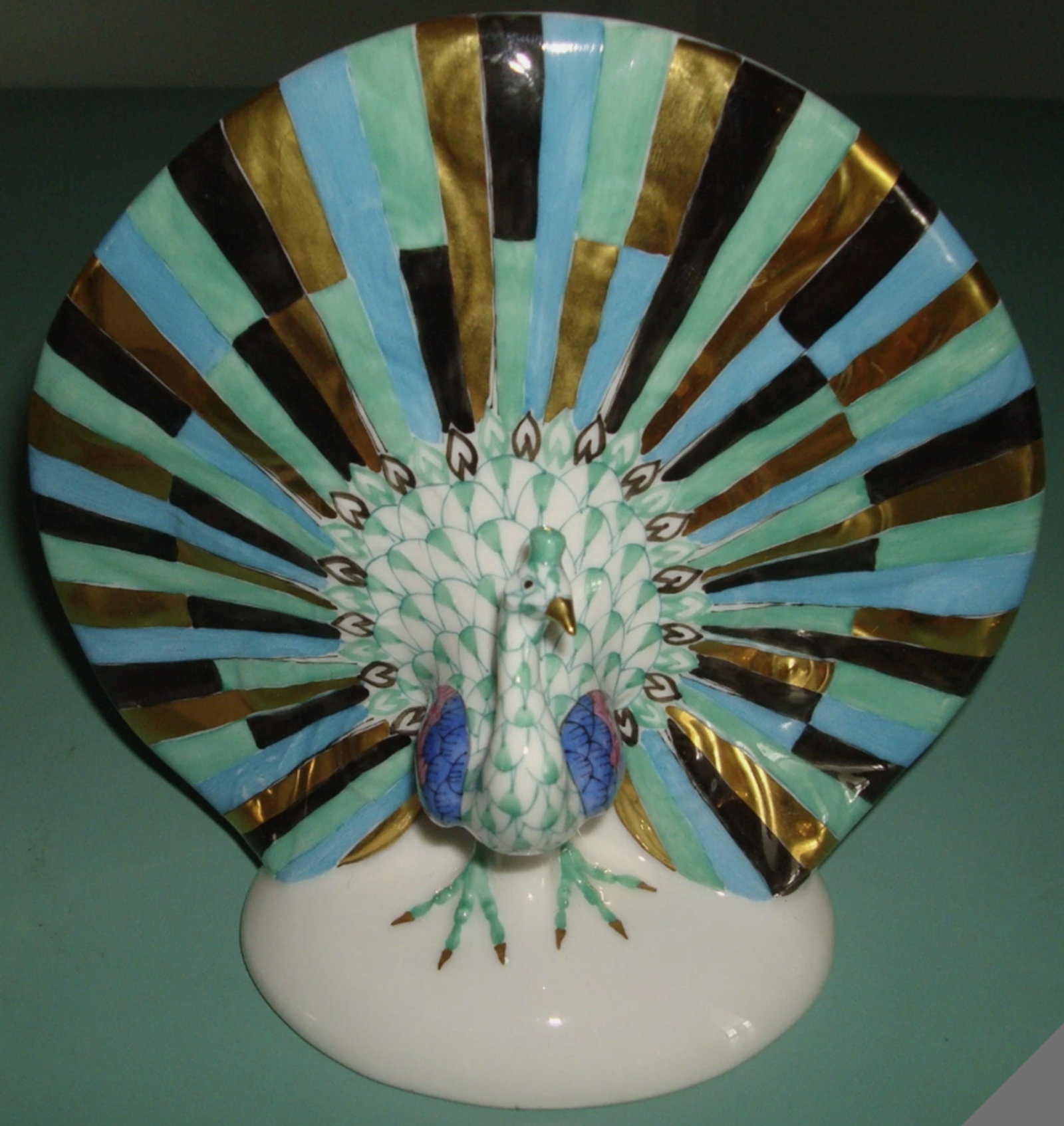 Herend Signed Porcelain Blue Green Fishnet Peacock Figurine Statuette With 24k gold Accents Made in (1 of 3)